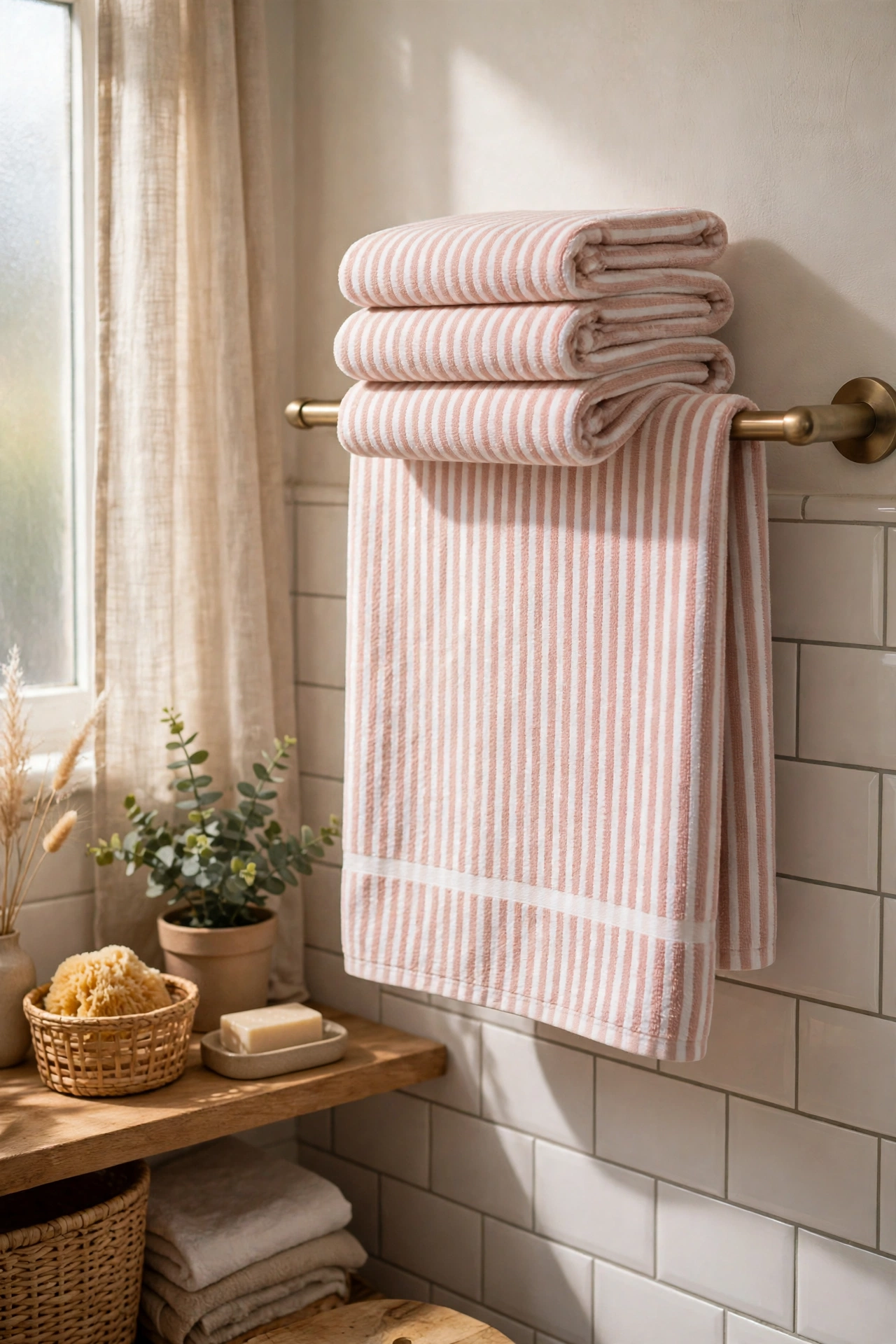 Blush and white striped towels folded on a bathroom towel rail