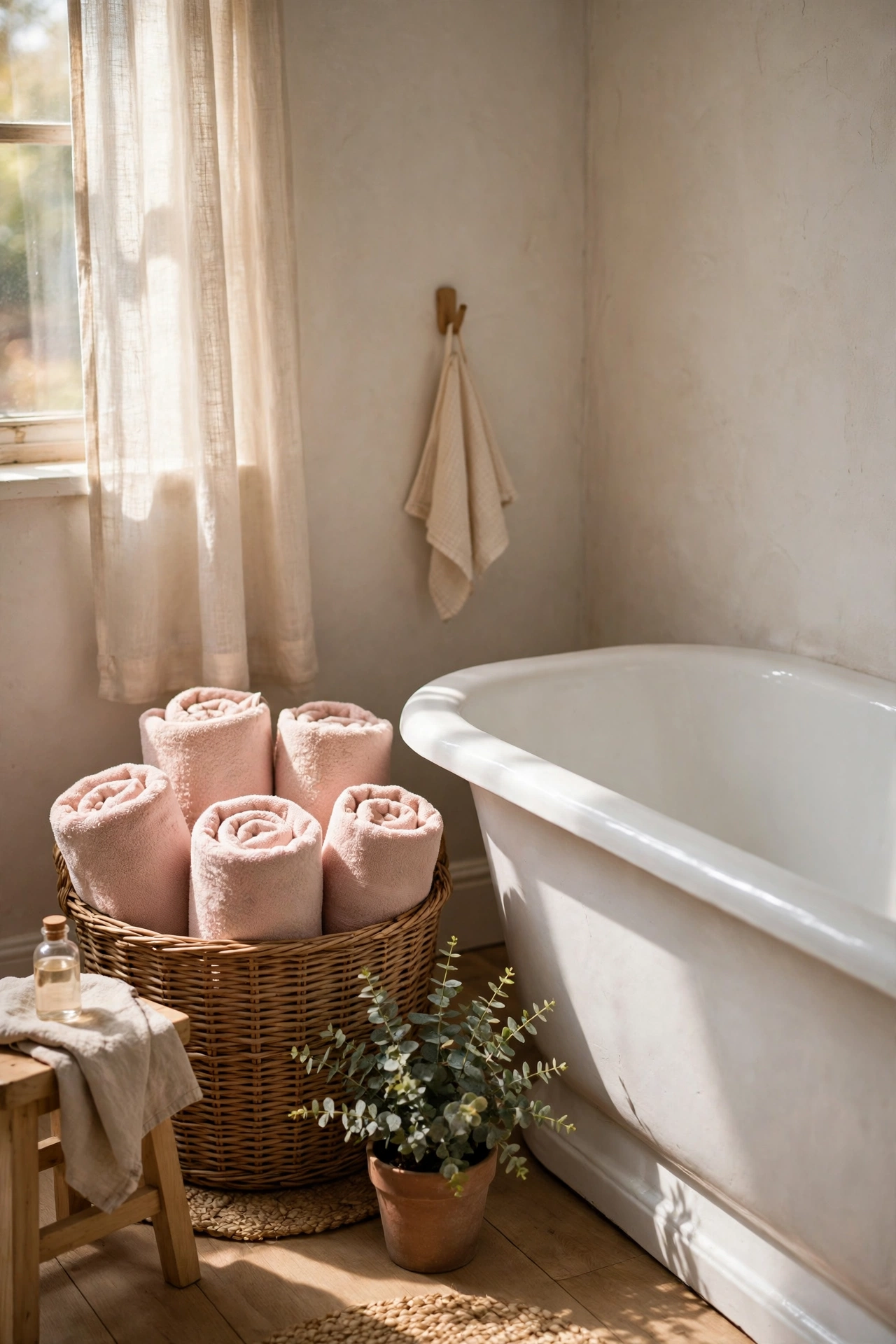 Basket of rolled blush towels beside a bathtub