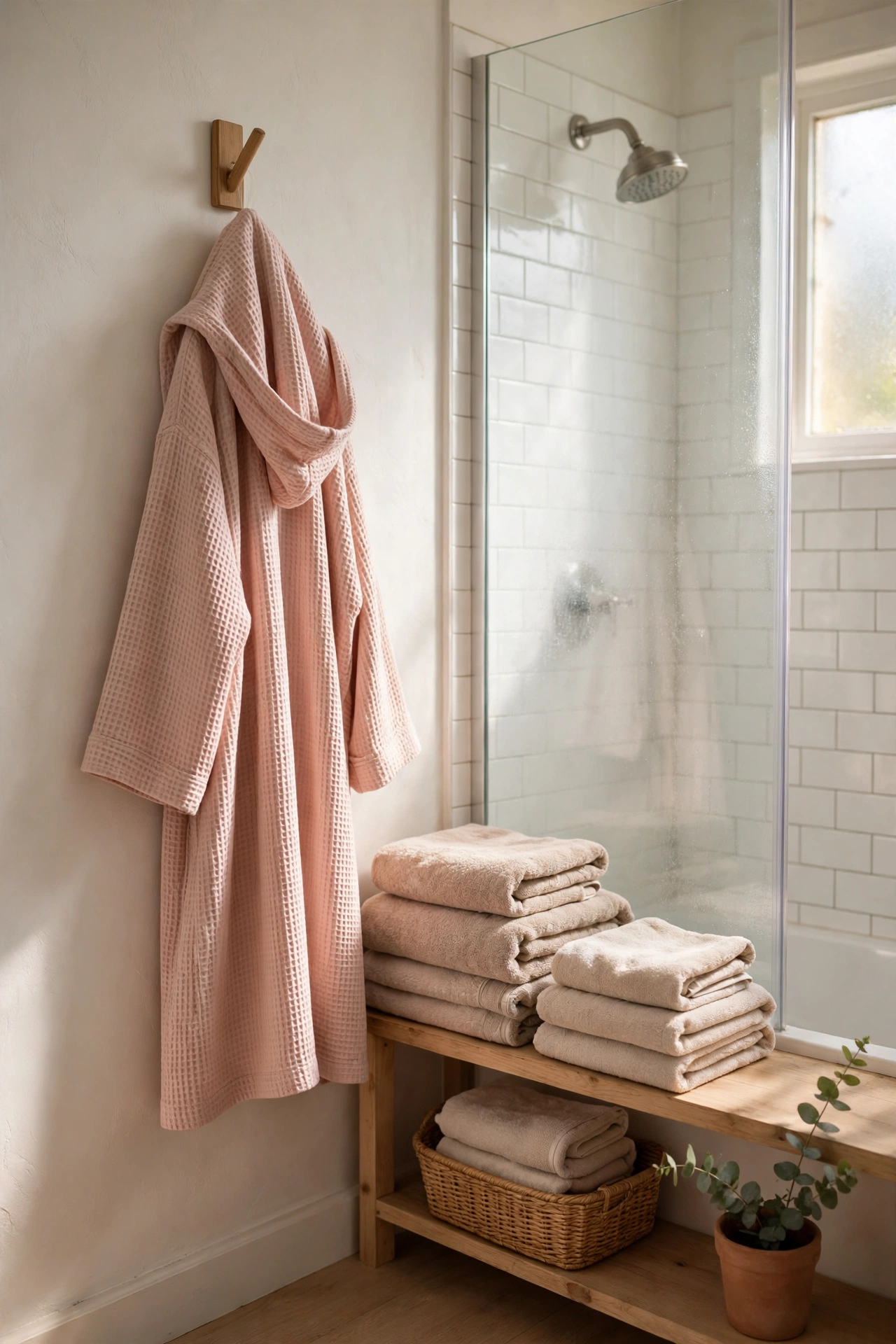 Blush waffle robe hanging on a hook beside a shower