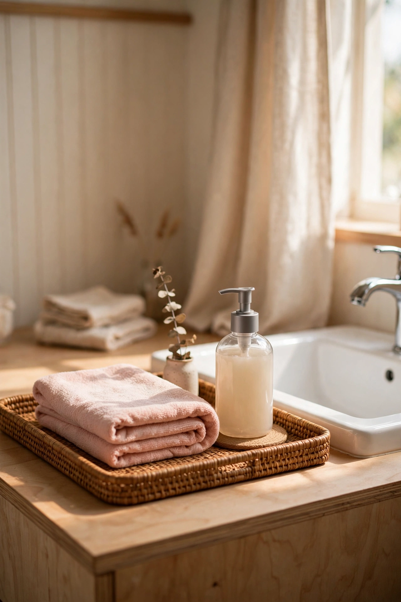 Folded blush hand towel on a bathroom vanity tray beside a sink
