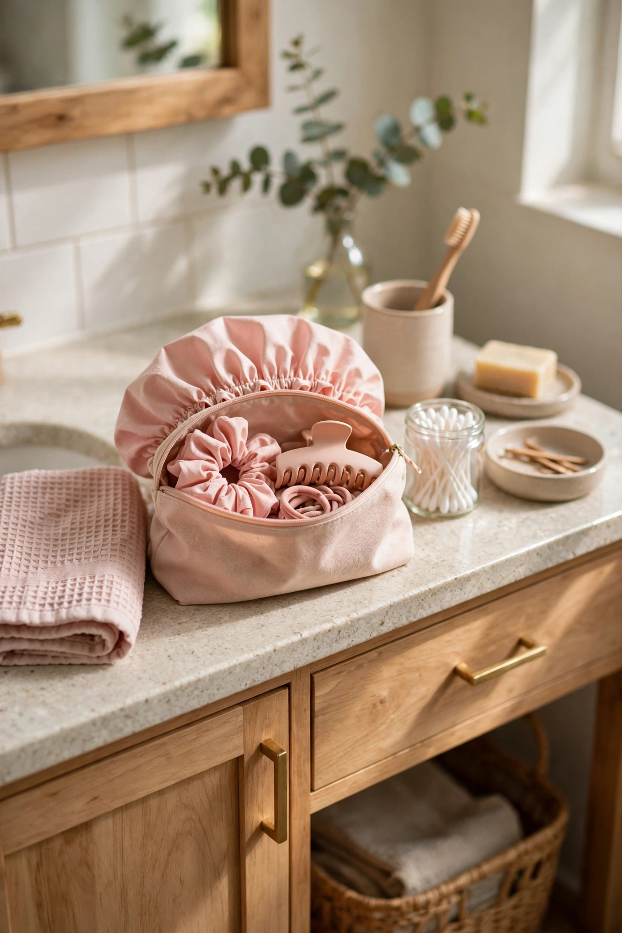 Matching blush shower cap and accessories in a small pouch on a vanity