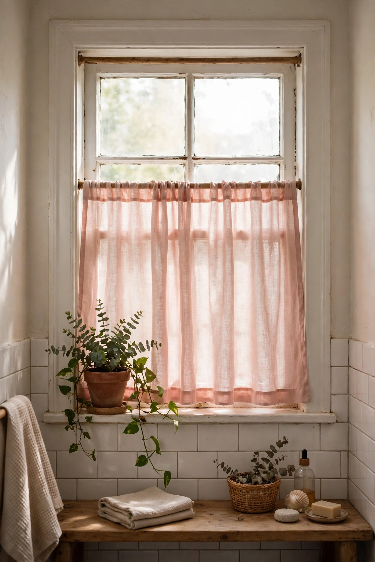 Blush cafe curtain on a bathroom window with soft filtered light