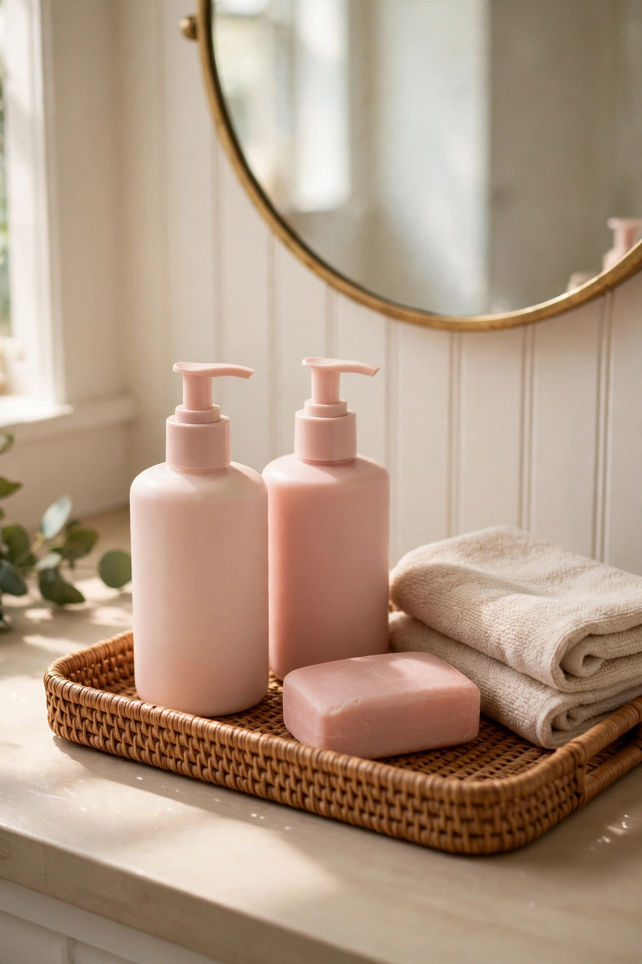 Blush soap and lotion pumps together on a bathroom tray