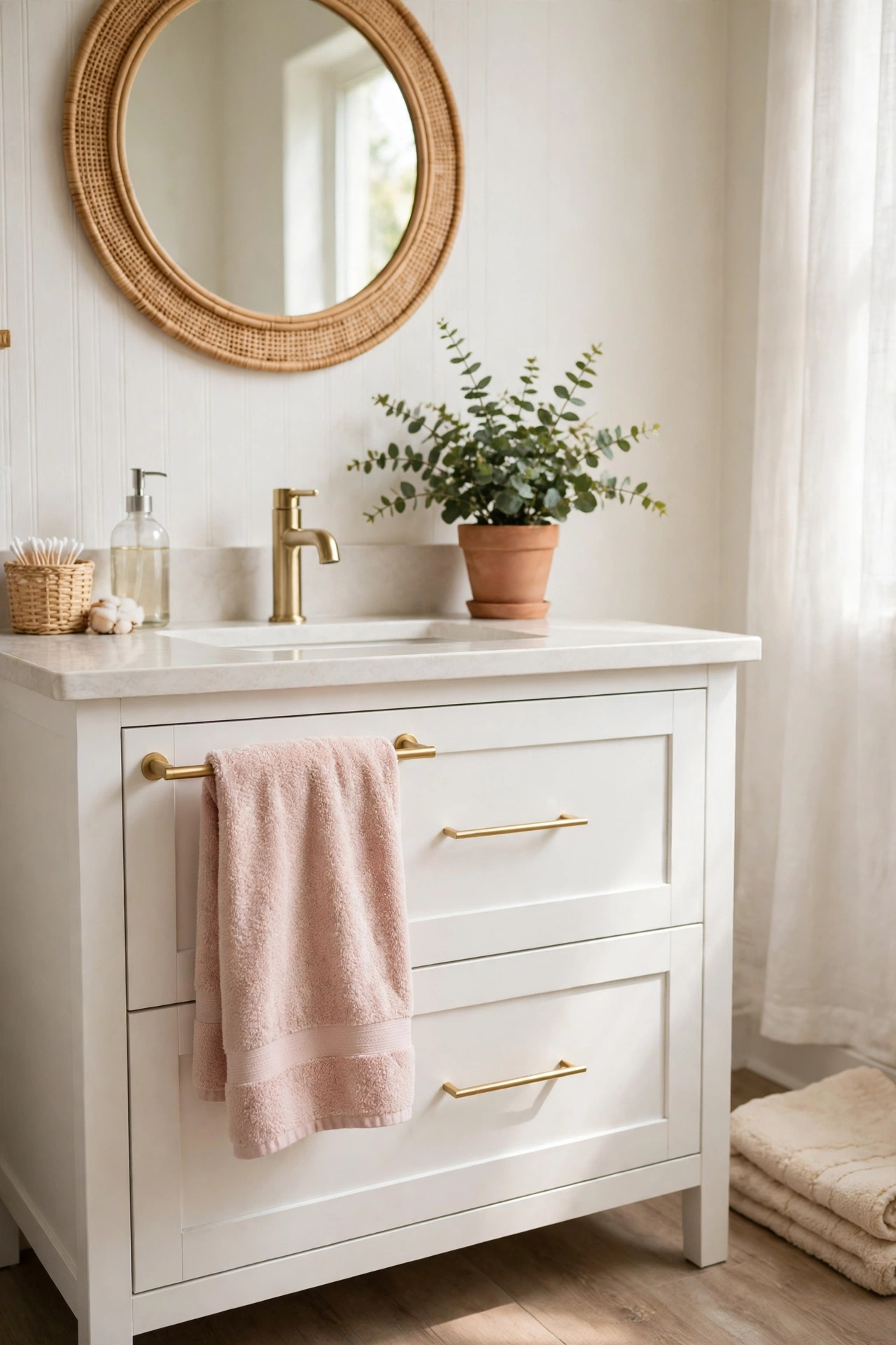 White bathroom vanity with slim soft gold bar handles and blush towel