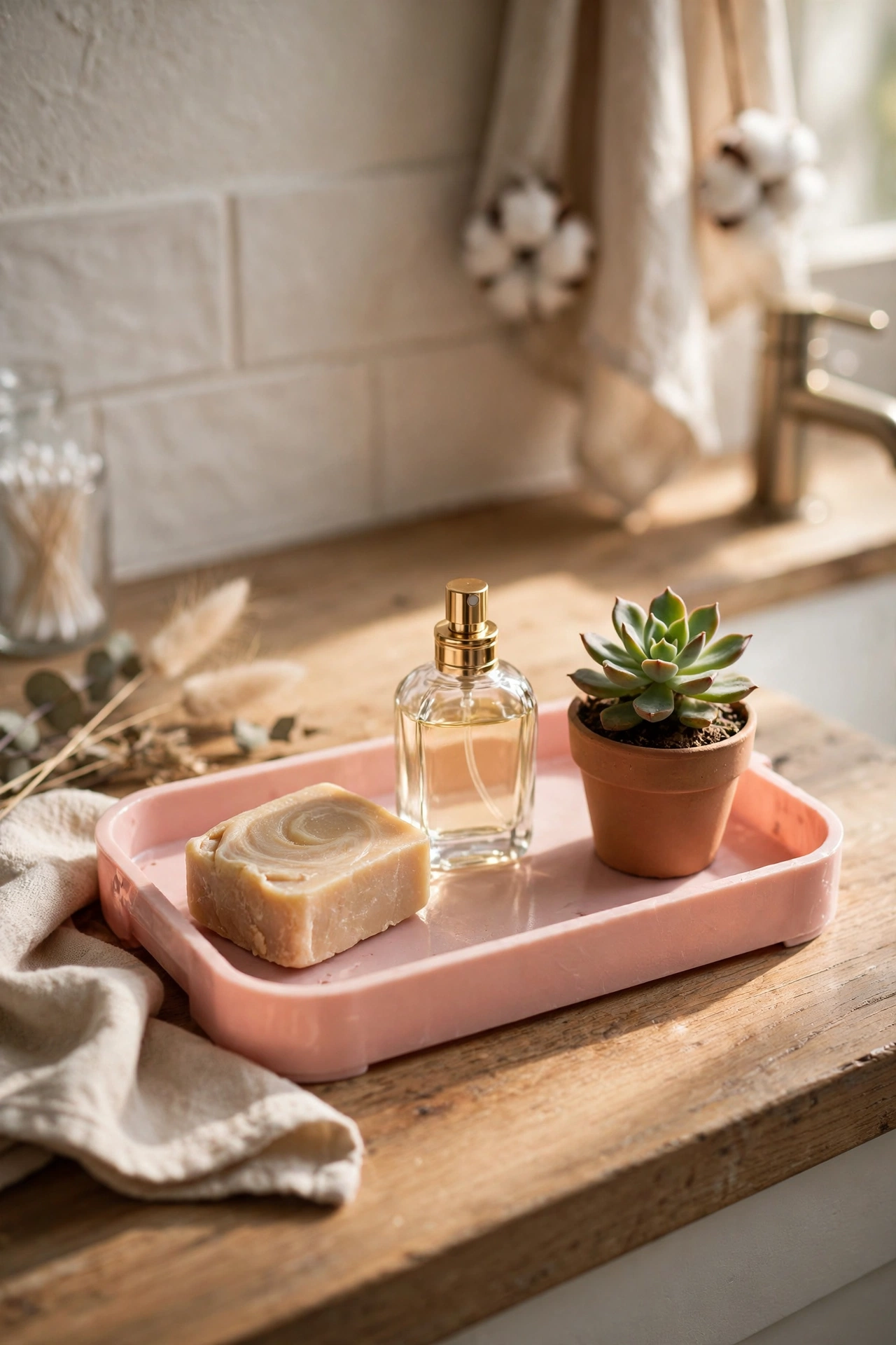 Blush vanity tray holding soap, perfume and small plant on a counter