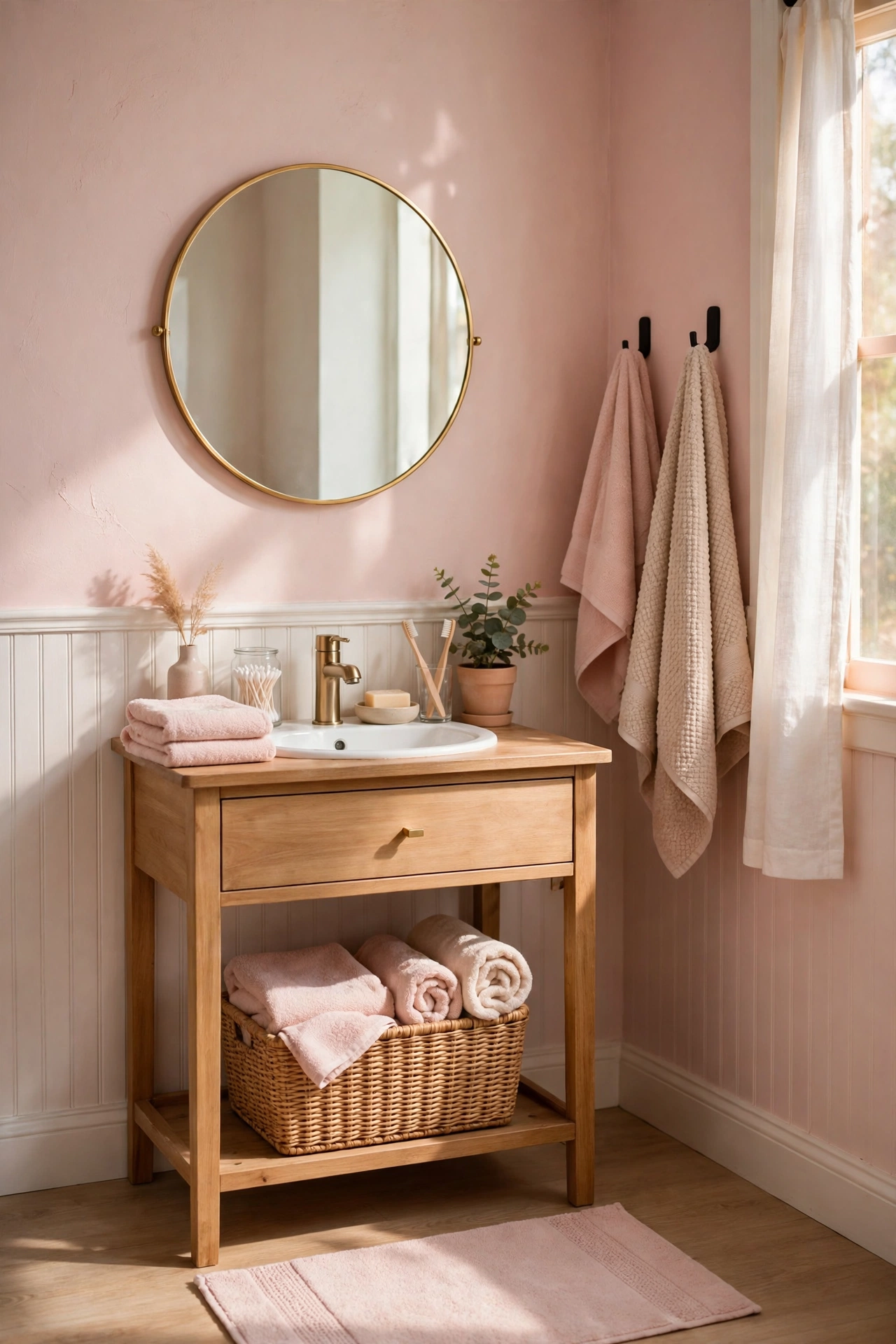 Round mirror with thin gold frame above a vanity in a blush bathroom