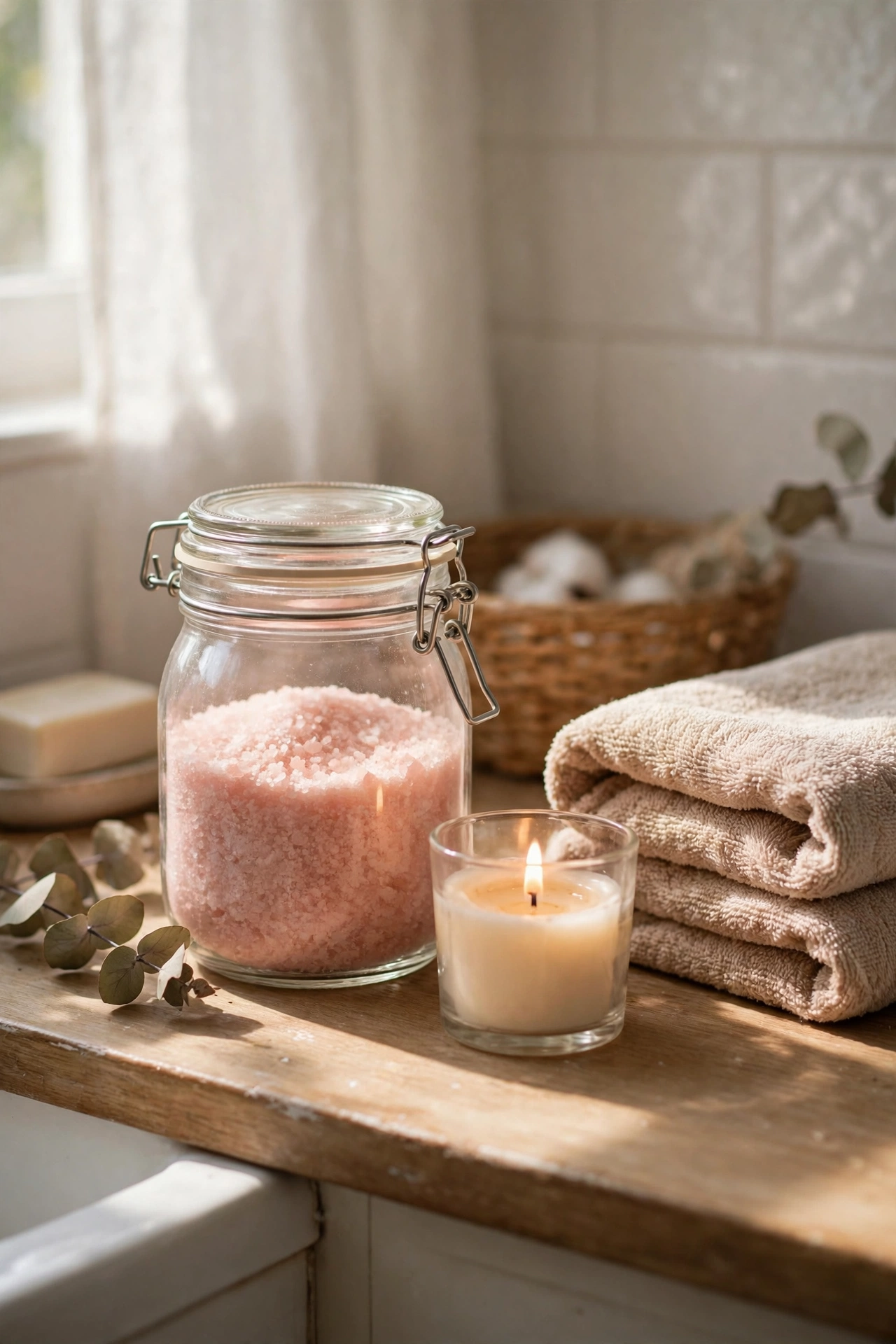 Glass jar of blush bath salts on a bathroom vanity