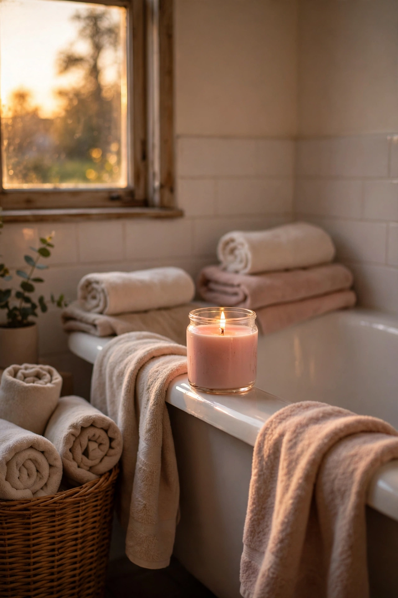 Blush jar candle on a bathtub edge in the evening
