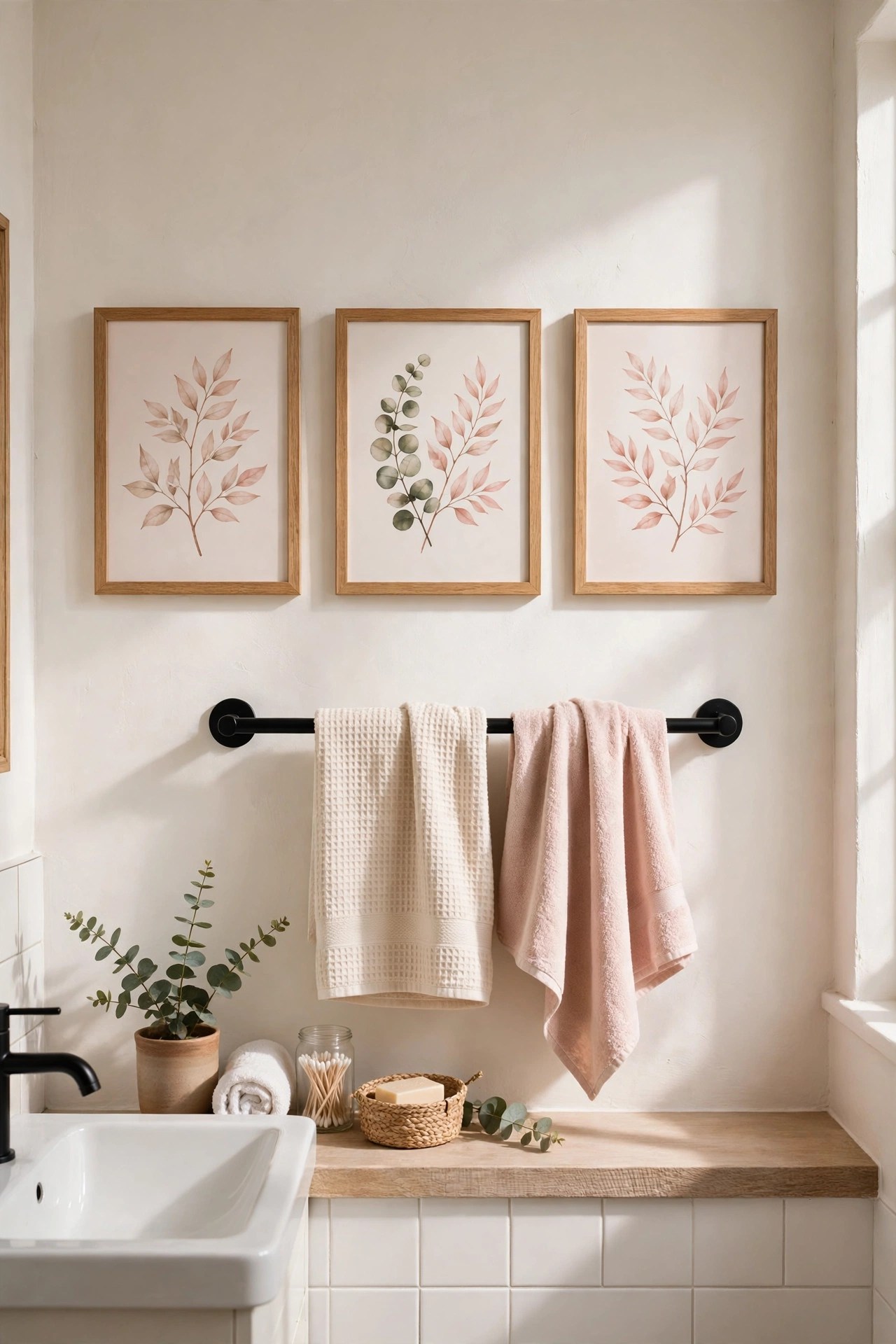 Blush botanical prints in frames hung above a bathroom towel rail
