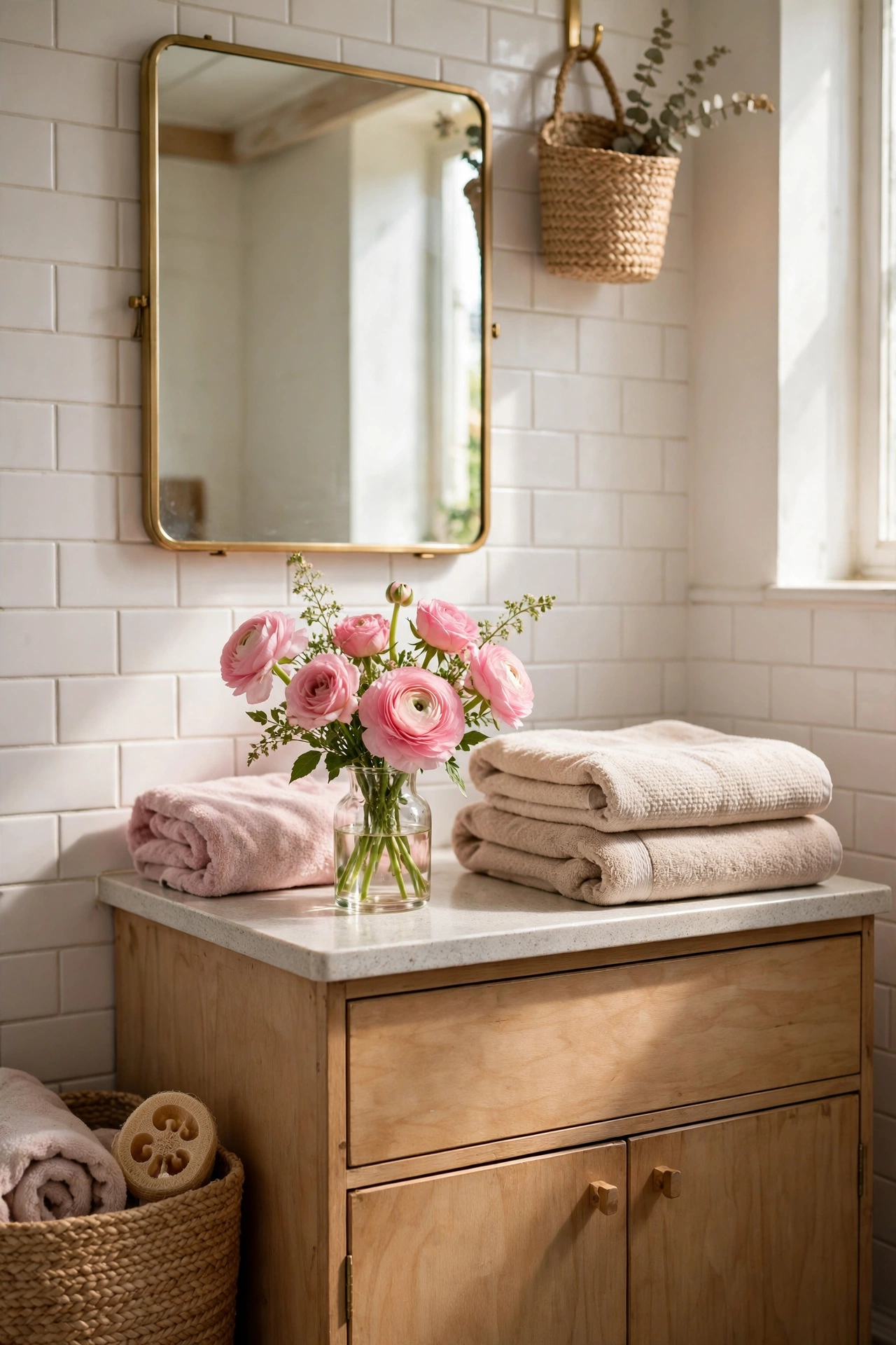 Fresh pink flowers in a small glass vase on a bathroom vanity