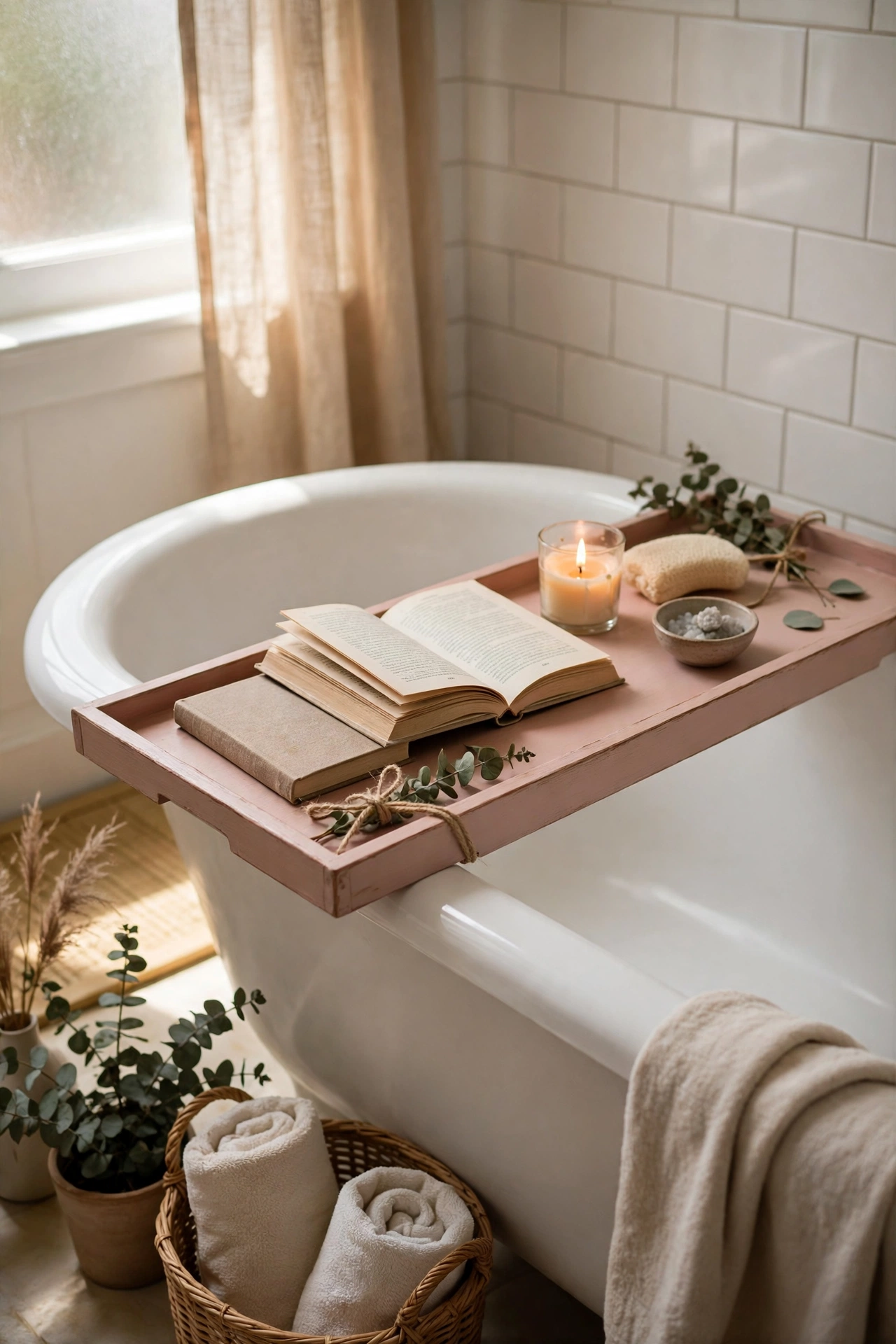 Blush-painted wooden bath tray with book and candle across a bathtub