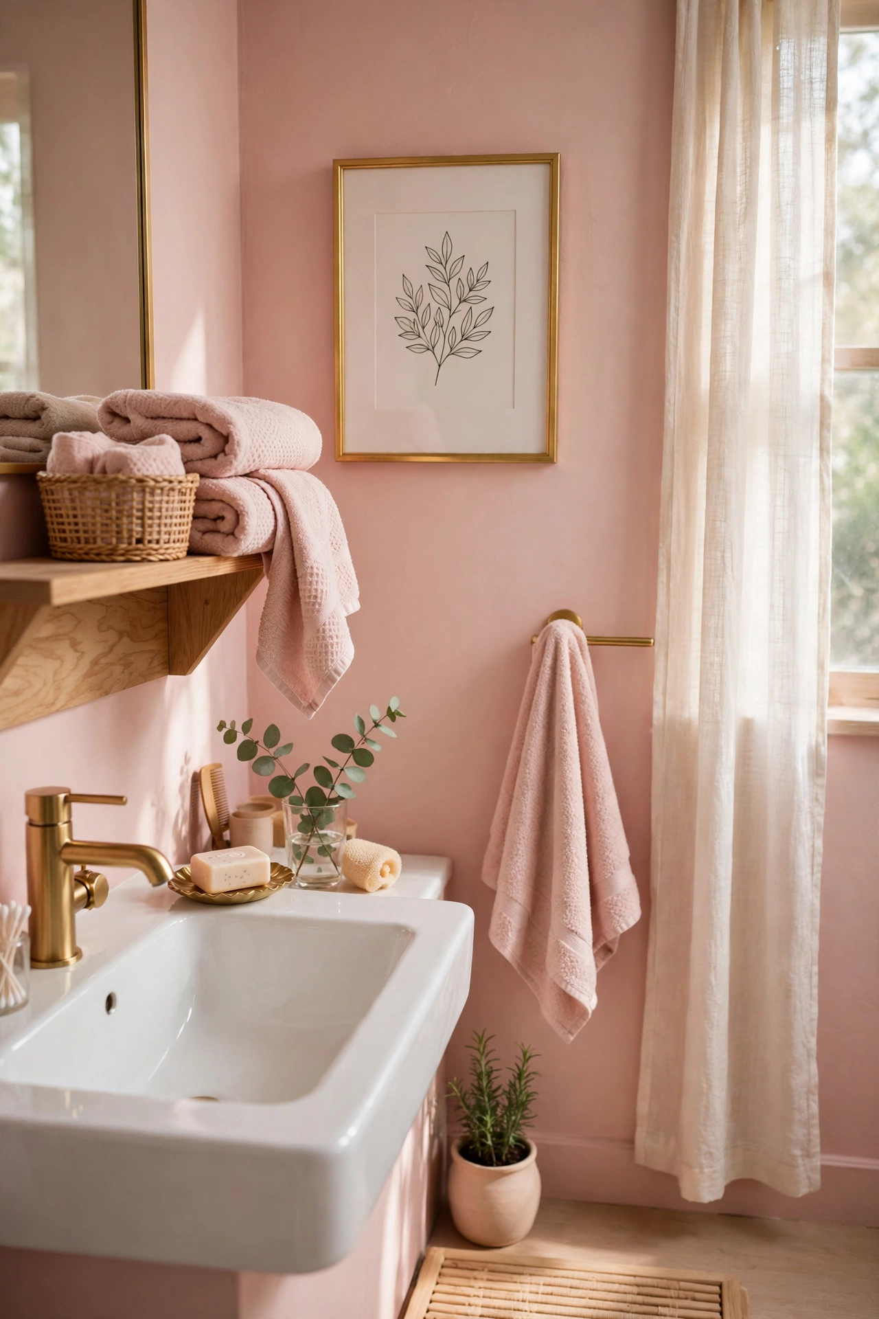 Blush bathroom finished with gold soap dish, blush towels and framed print