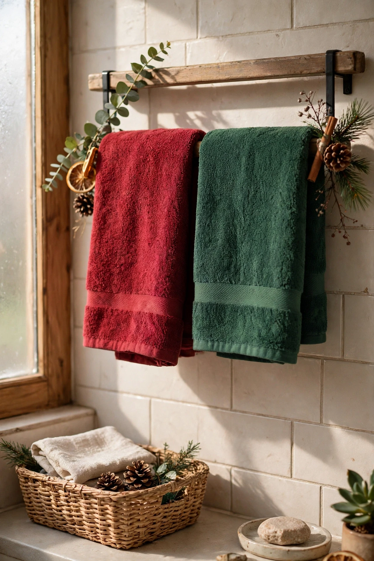 Red and green hand towels folded neatly on a bathroom towel rail at Christmas