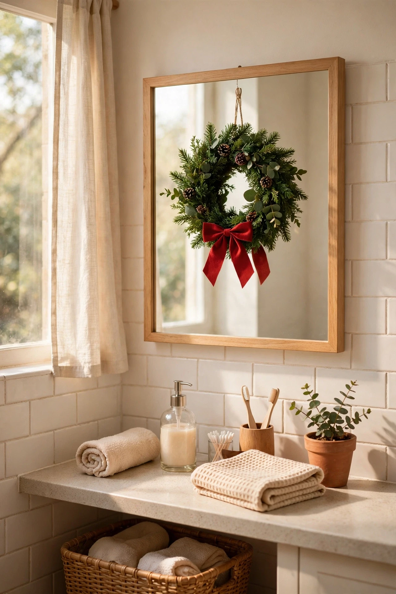 Small green Christmas wreath hanging on a bathroom mirror with a red bow