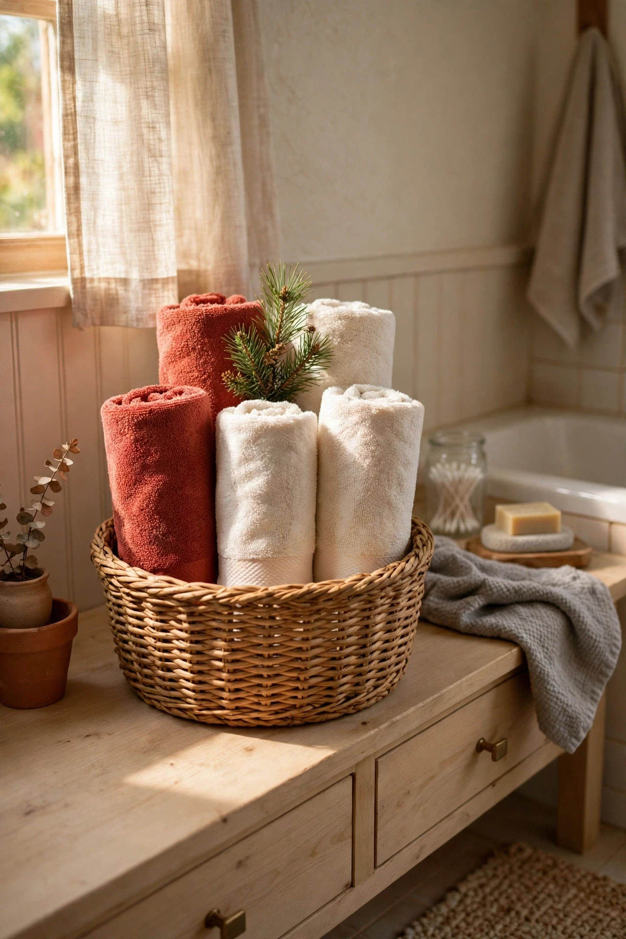 Rolled red and cream towels standing in a woven basket in a bathroom