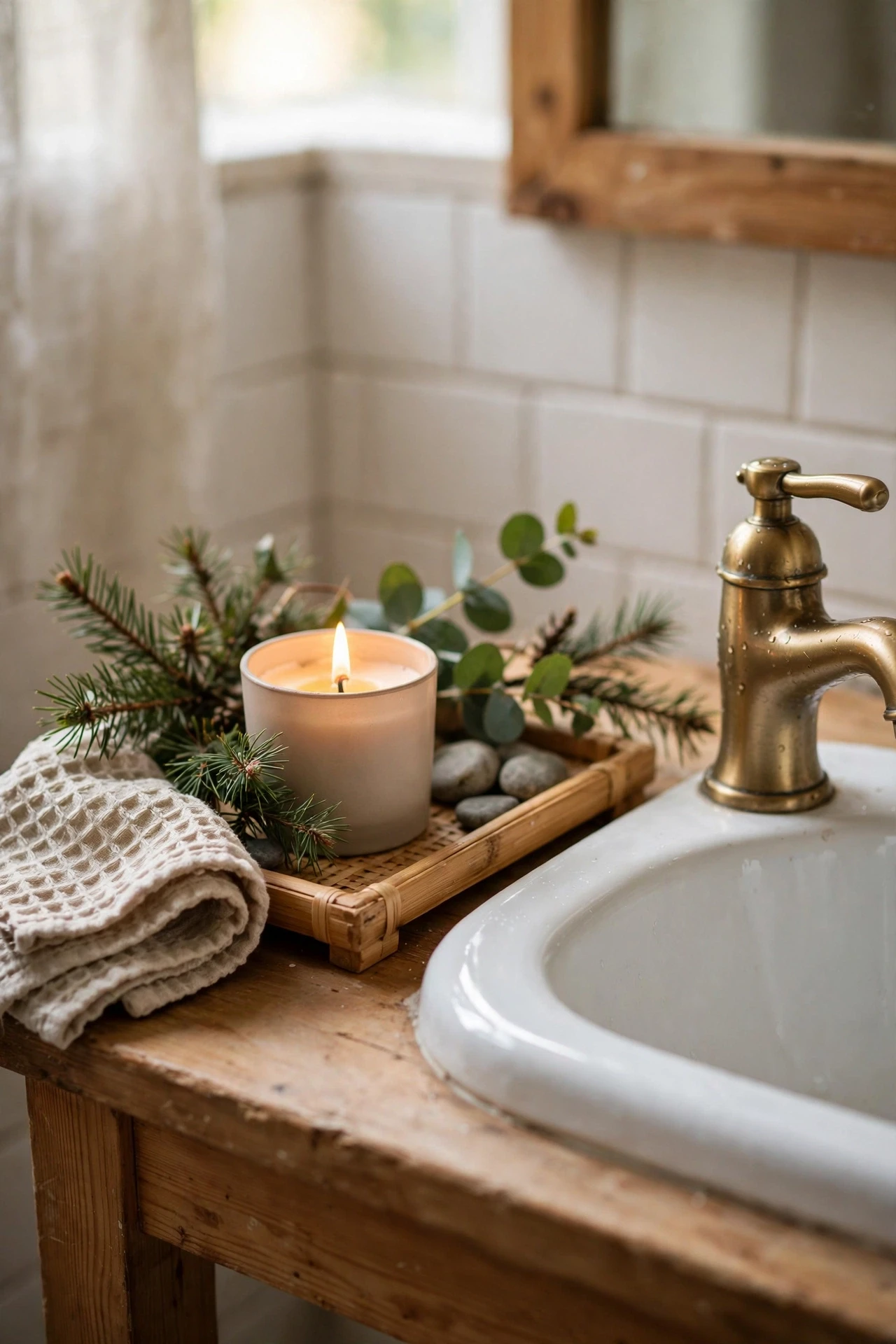 Pine-scented candle on a small tray beside a bathroom sink