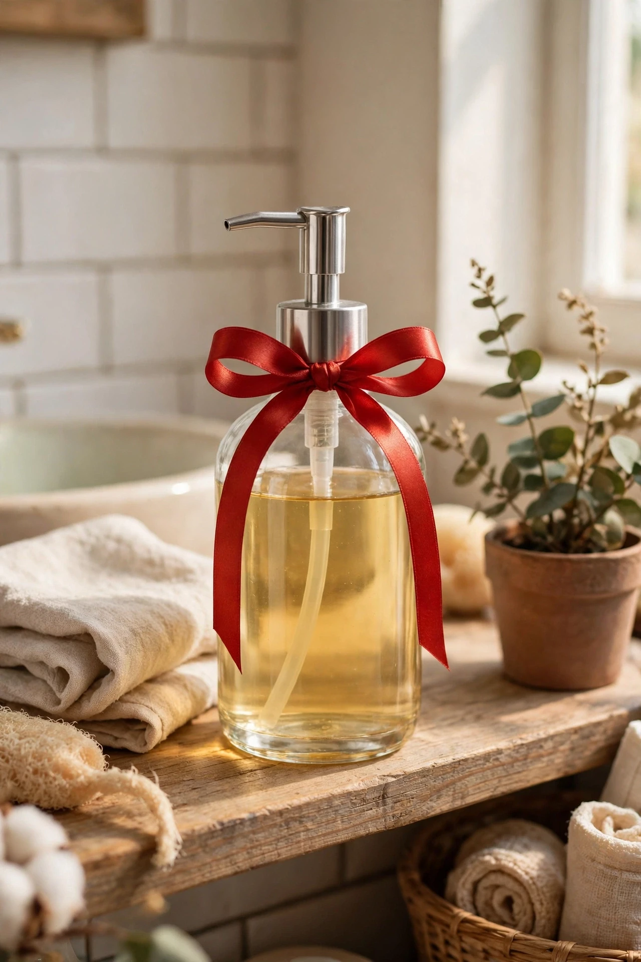 Soap dispenser with a red ribbon bow tied around its neck in a bathroom