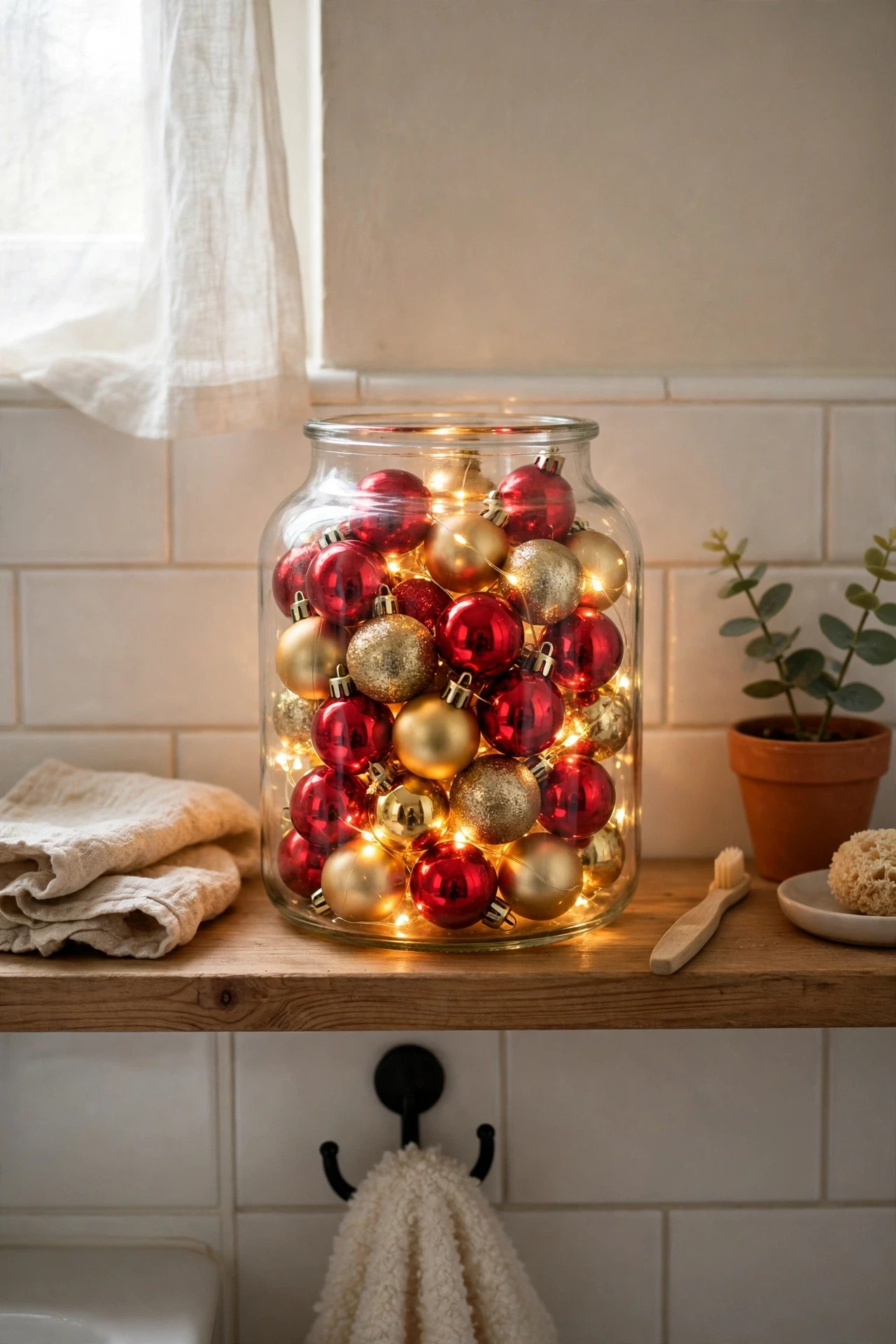 Glass jar filled with red and gold baubles and glowing fairy lights on a bathroom shelf