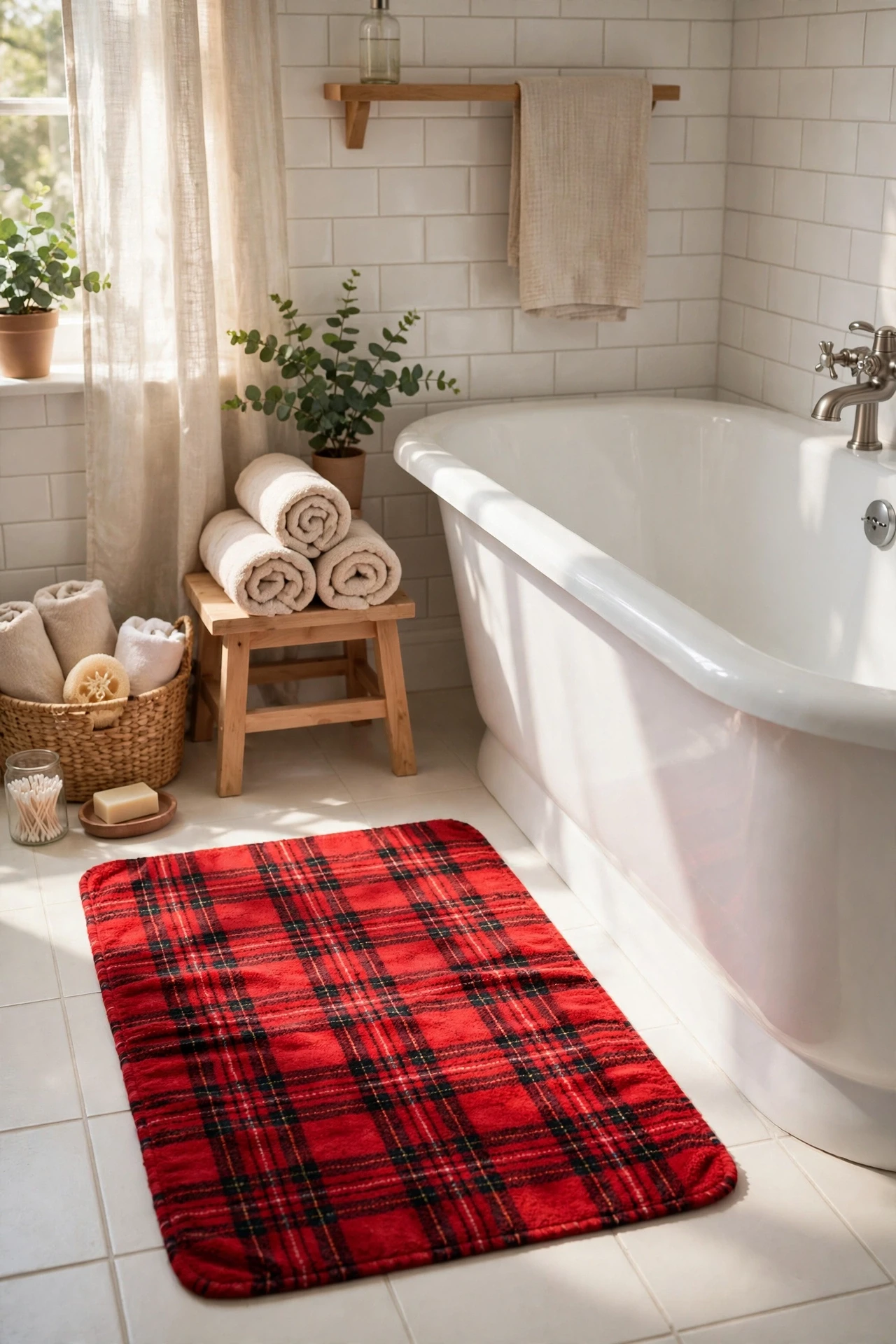 Red plaid bath mat on a bathroom floor beside a white tub