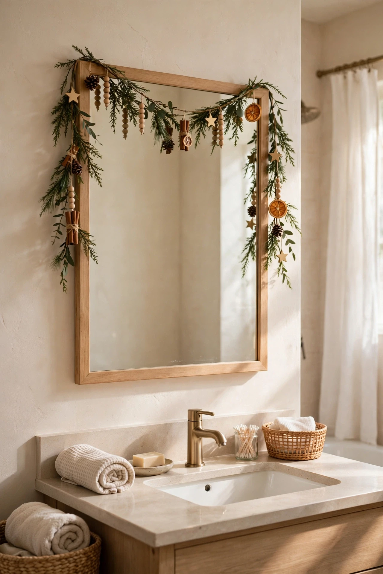 Thin green garland draped along the top of a bathroom mirror frame