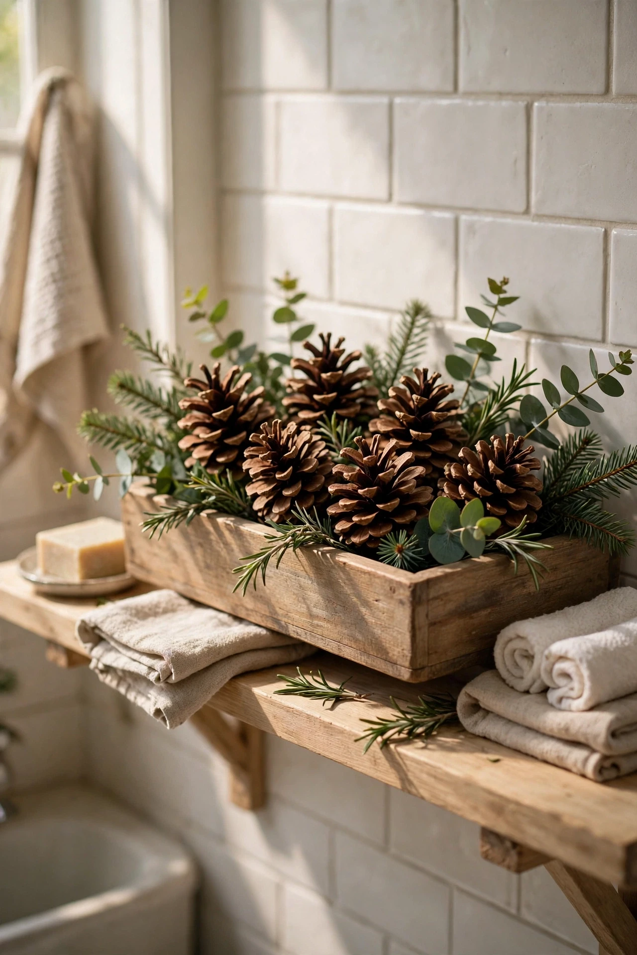 Pinecones arranged in a wooden tray with greenery on a bathroom shelf