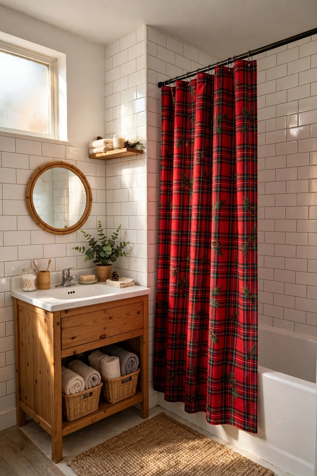 Bathroom with a red plaid Christmas shower curtain and white tiles