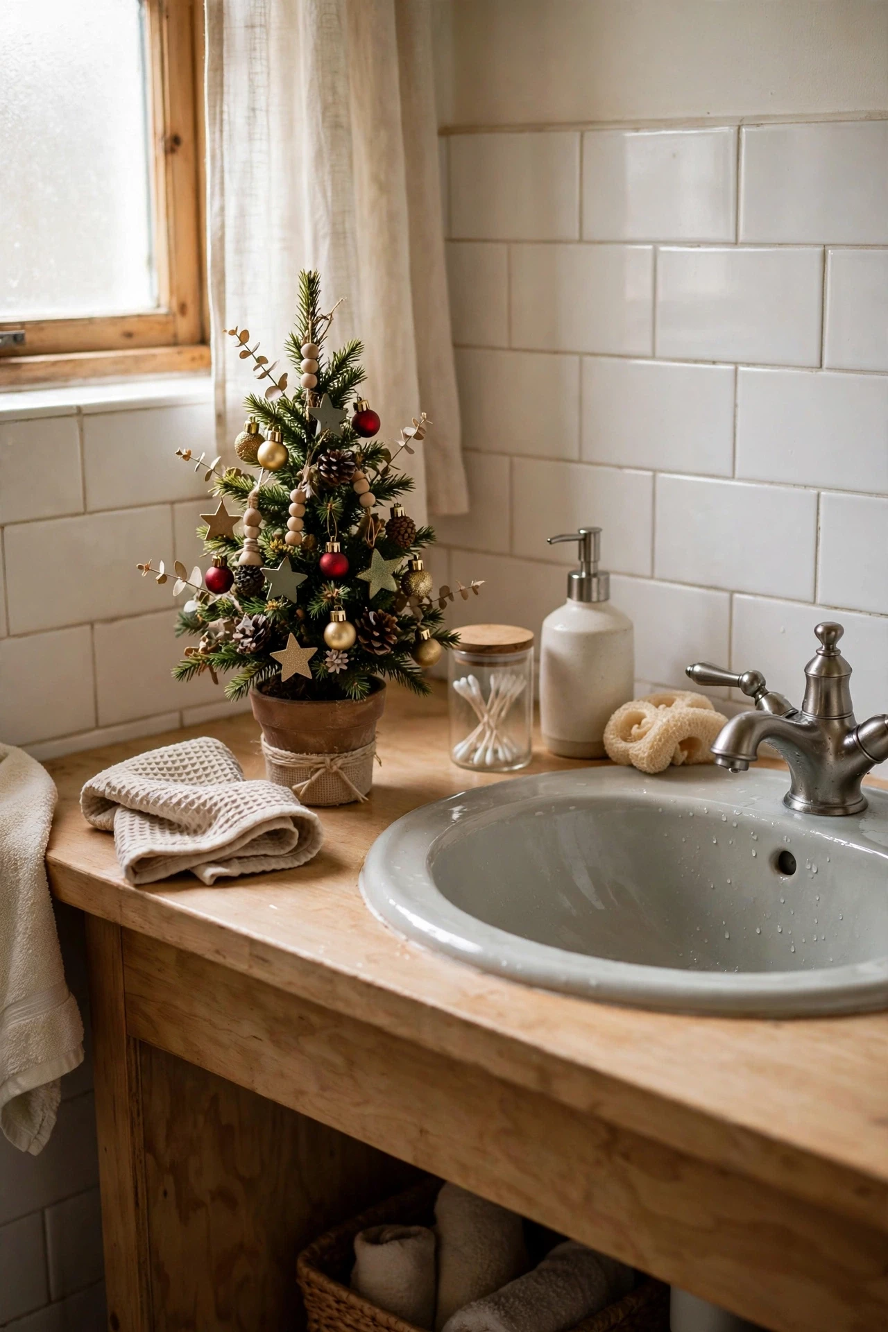 Tiny tabletop Christmas tree with mini ornaments on a bathroom counter