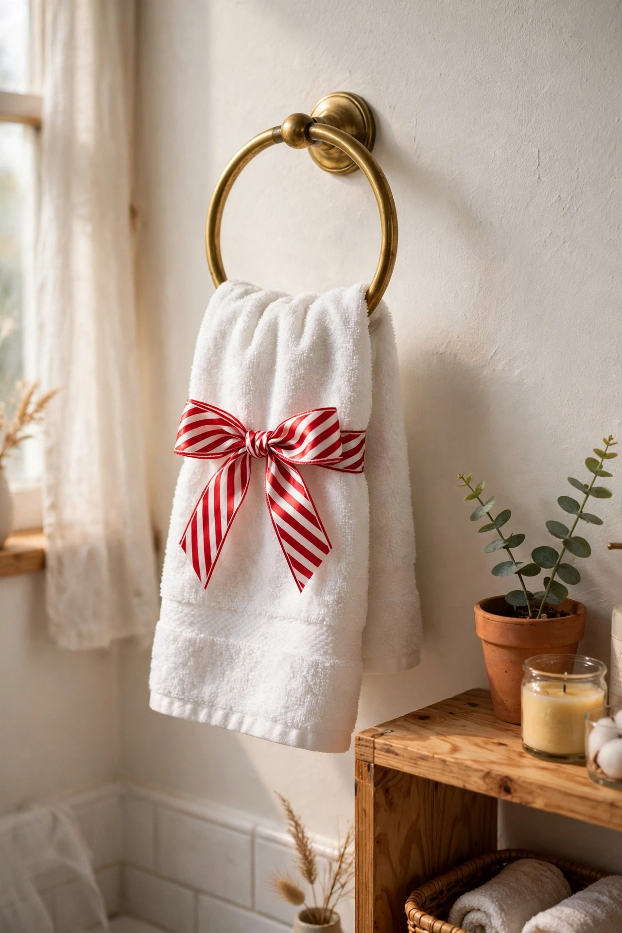 White towel with candy cane striped ribbon tied around a bathroom towel ring