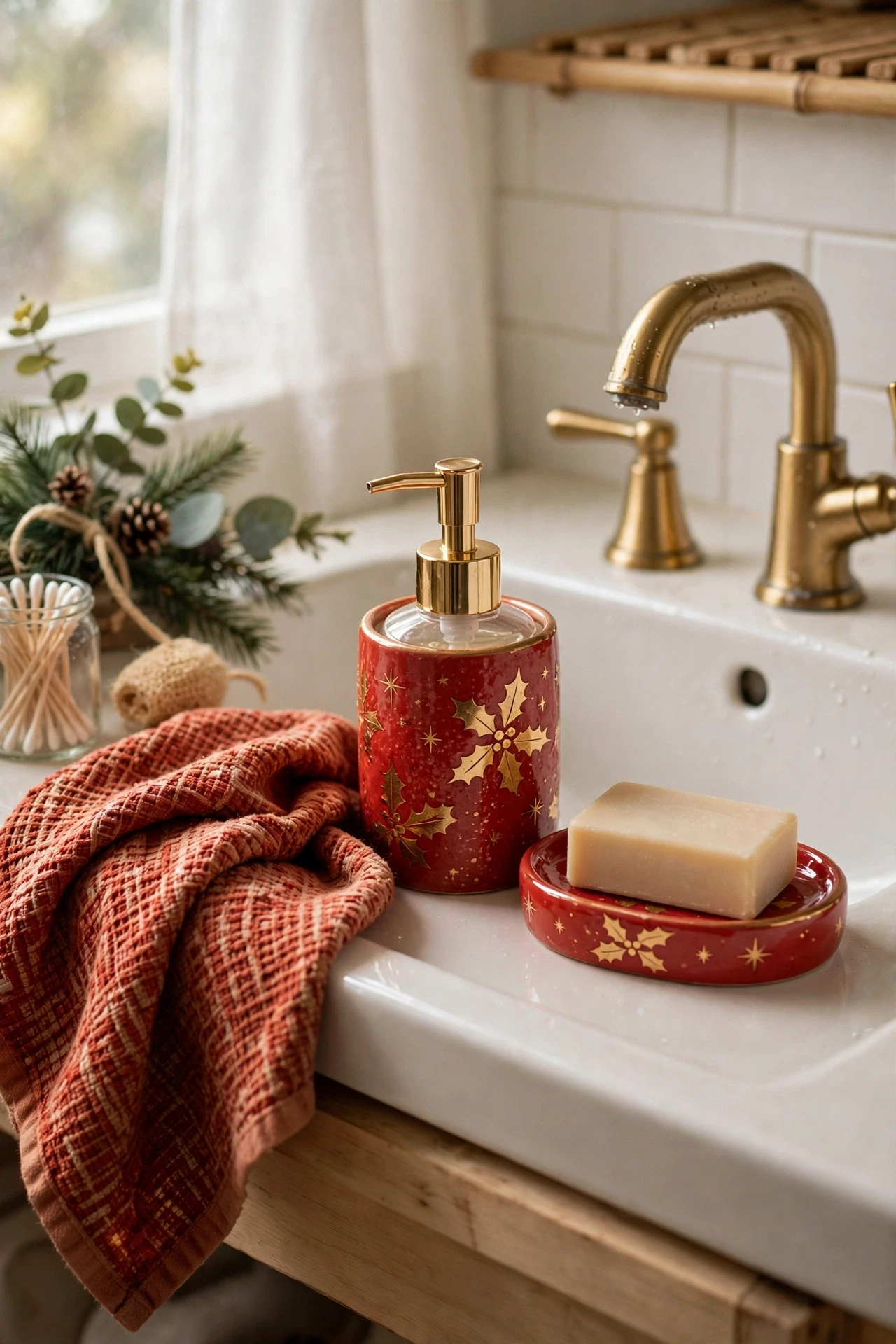 Festive red and gold soap dish and dispenser set on a bathroom sink