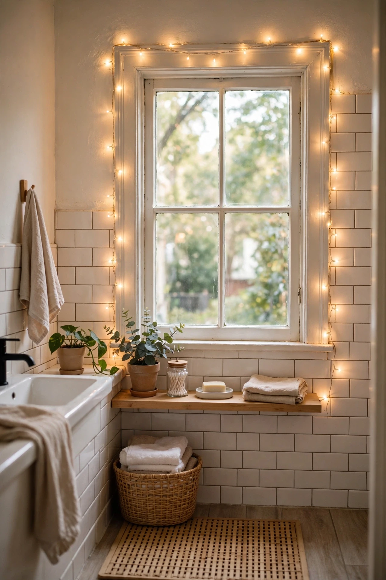 Warm fairy lights strung around a bathroom window frame at dusk