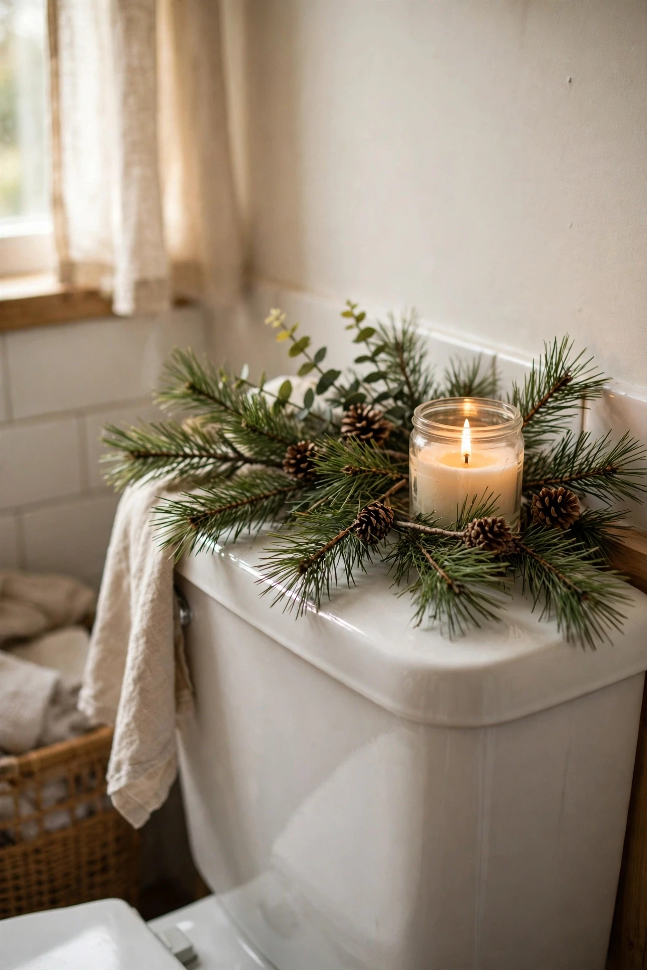 Toilet tank top decorated with pine greenery and a jar candle