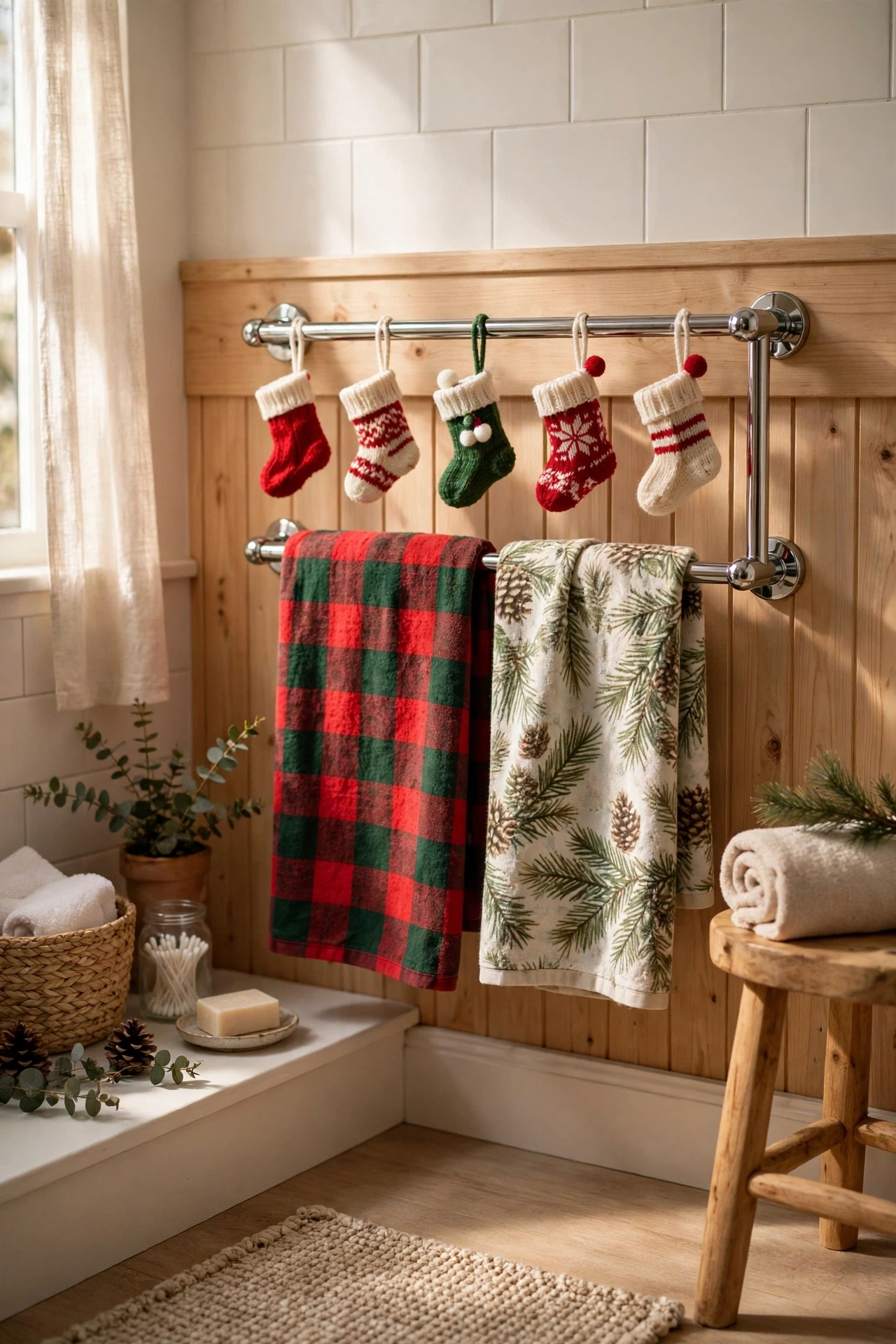 Mini Christmas stockings hanging from a bathroom towel rail