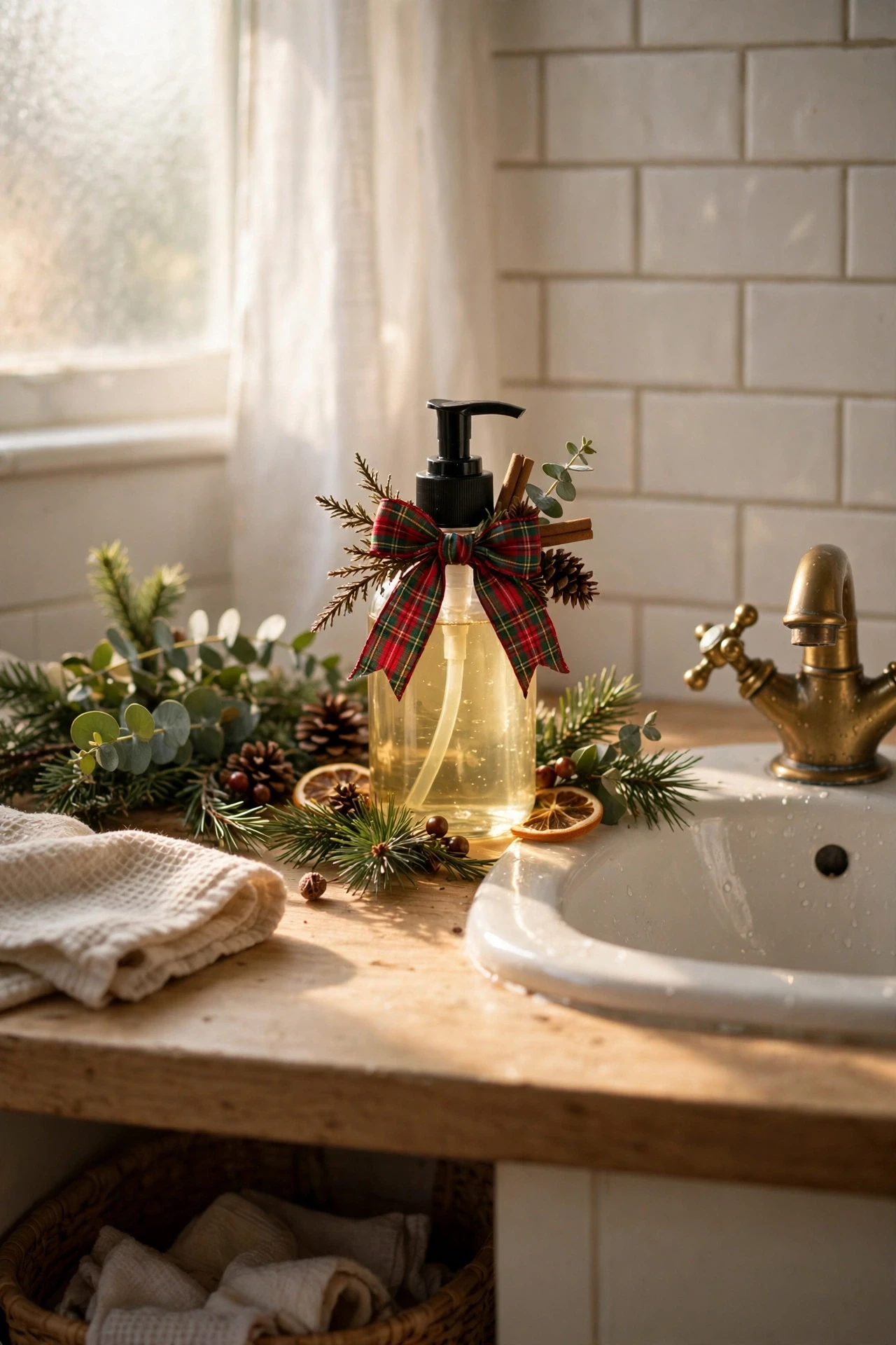 Christmas-scented hand soap in a festive bottle beside a bathroom sink