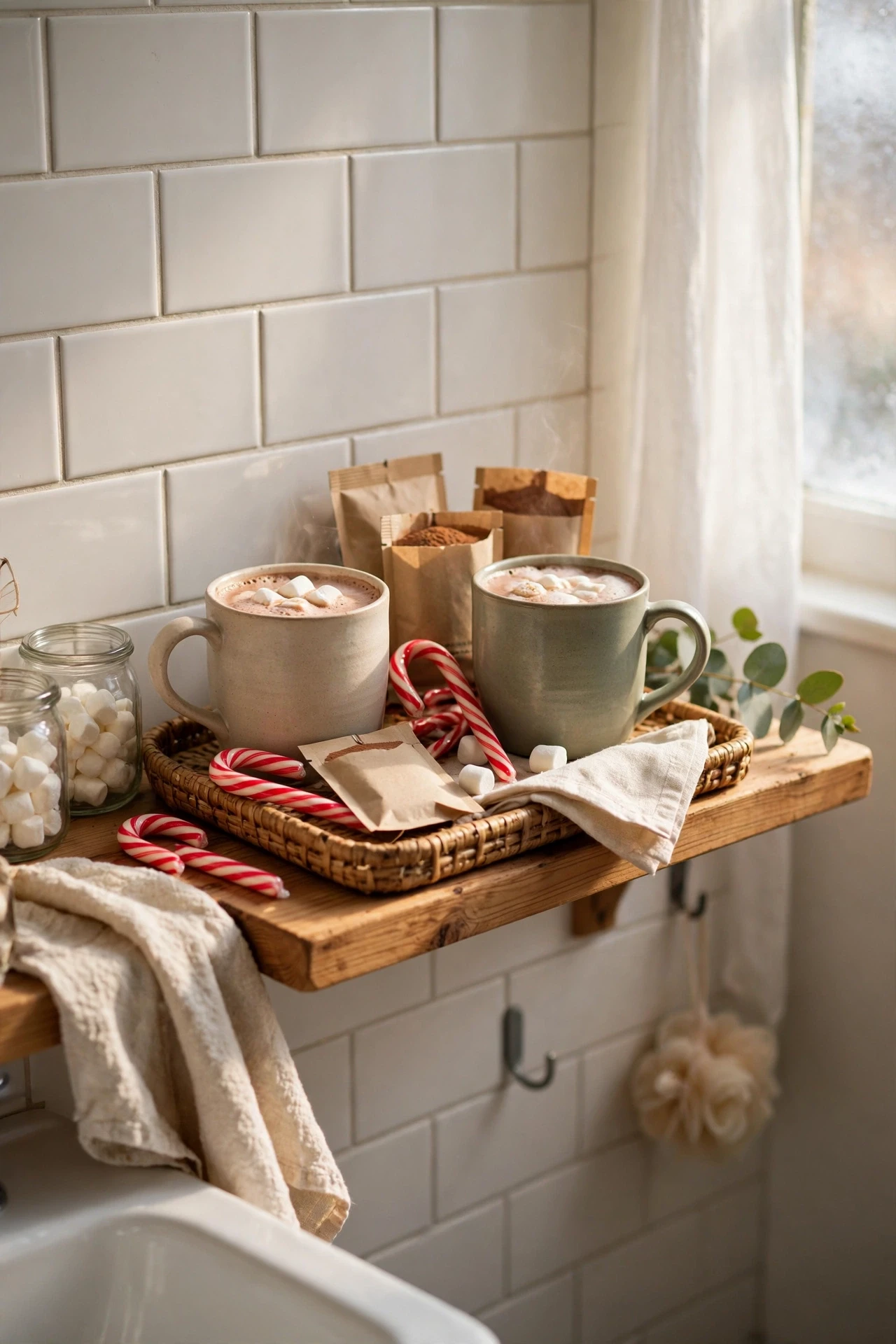 Small hot cocoa tray with mugs and candy canes on a bathroom shelf