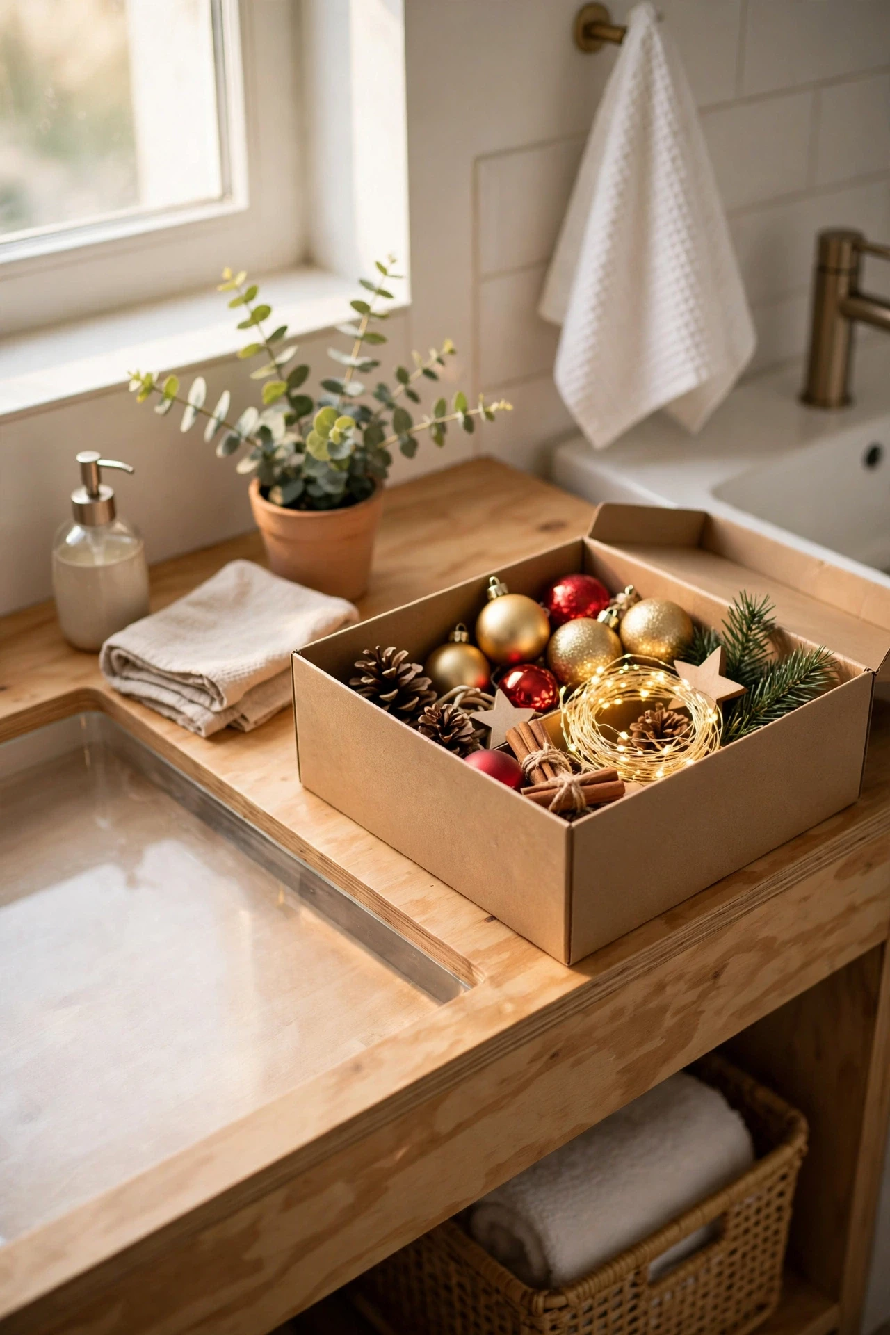 Tidy bathroom counter with one clear surface and a labelled storage box nearby