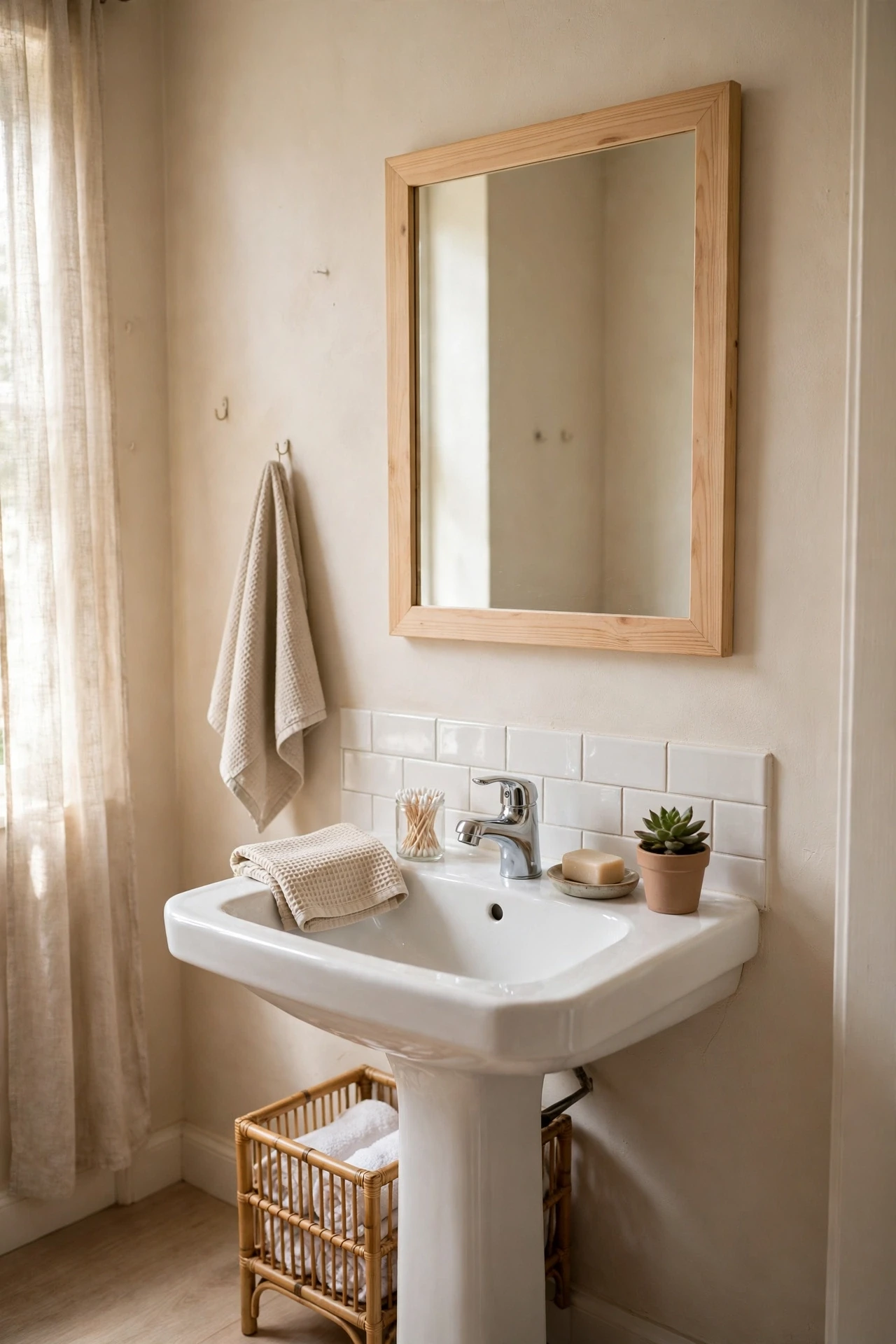 Plain bathroom mirror framed with light wood trim