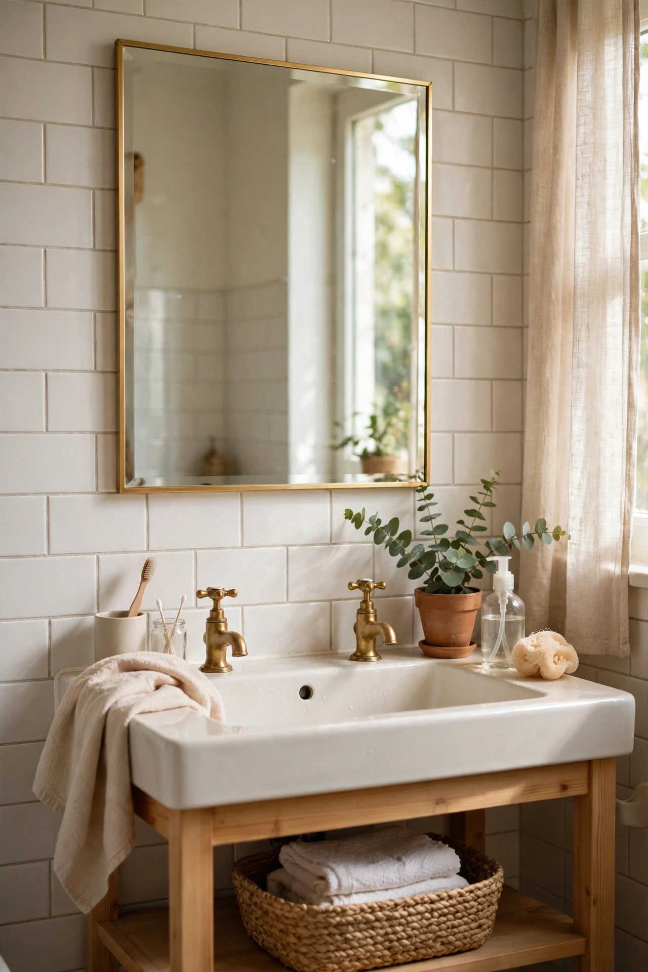 Bathroom mirror with thin gold peel-and-stick trim around its edges