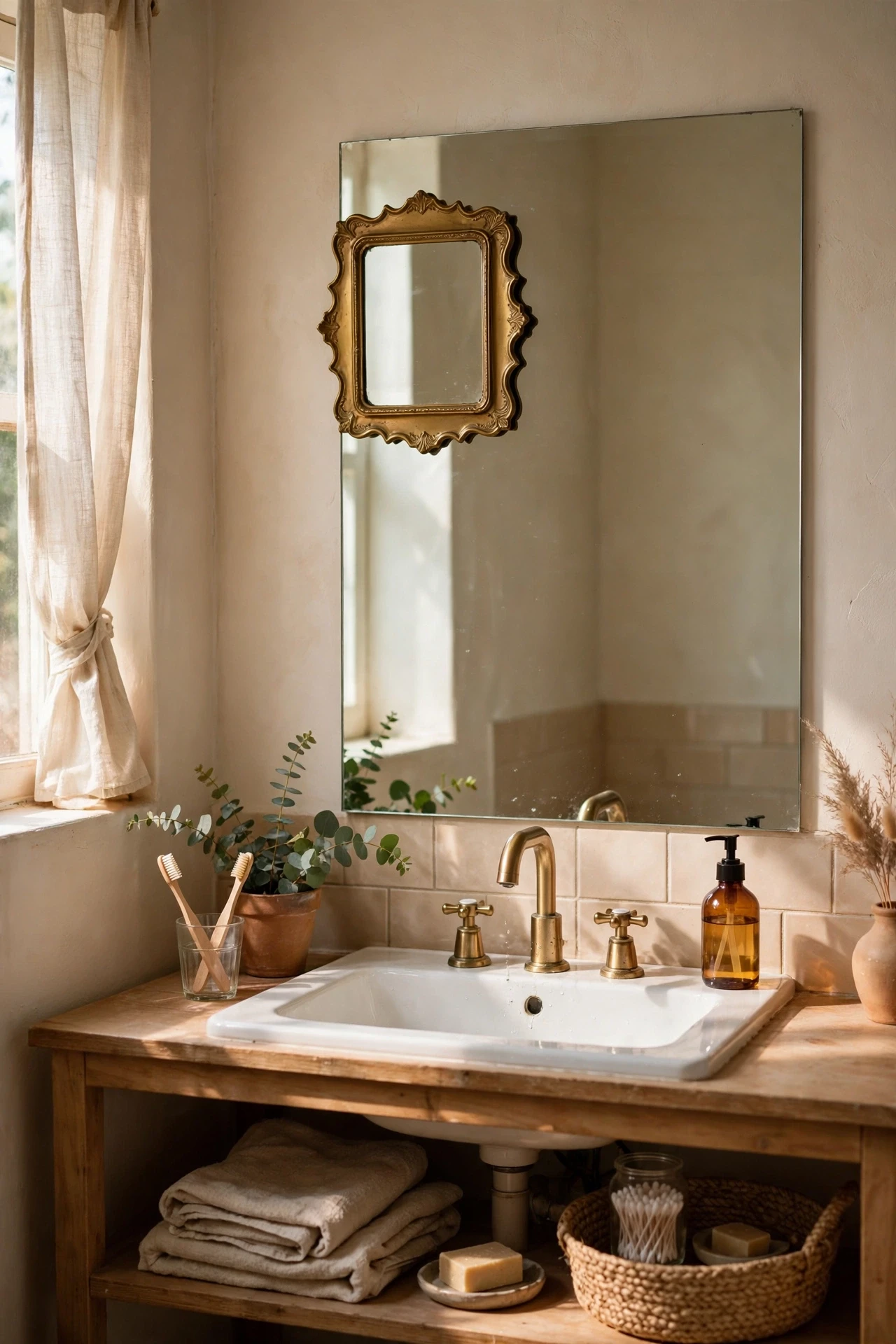 Small decorative brass mirror layered over a large bathroom mirror
