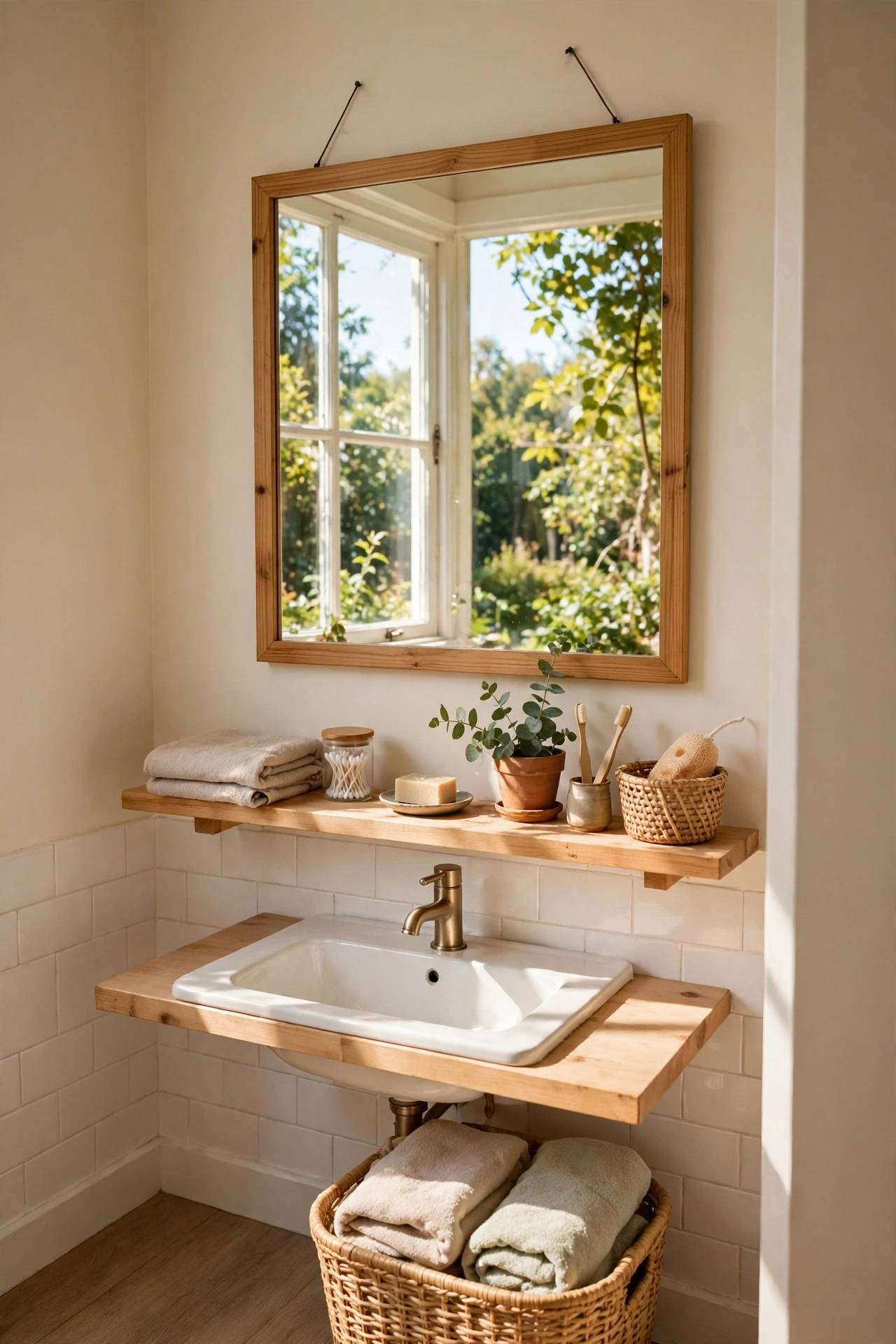 Bathroom mirror hung opposite a bright window reflecting daylight