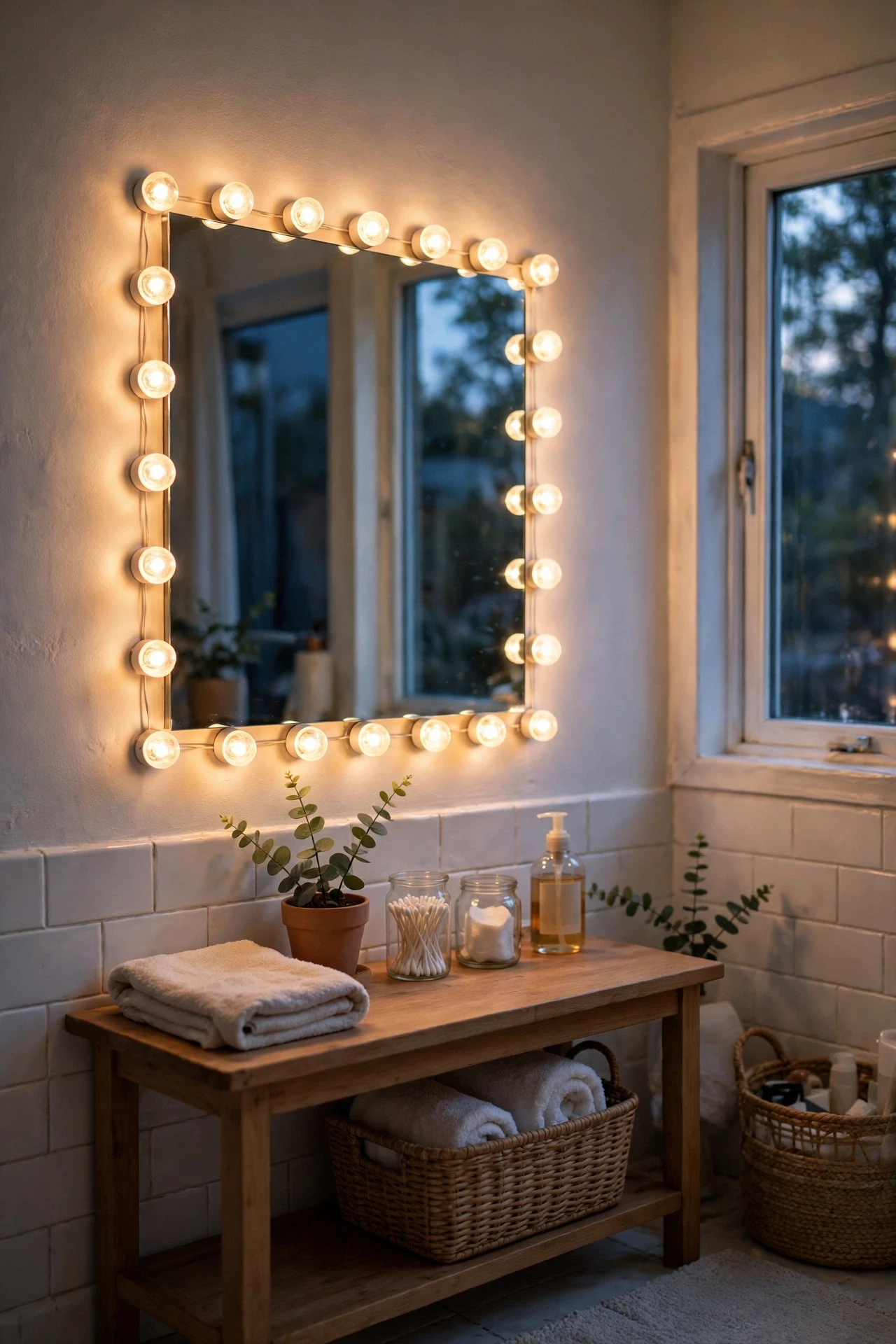 Bathroom mirror framed with warm battery puck lights glowing softly