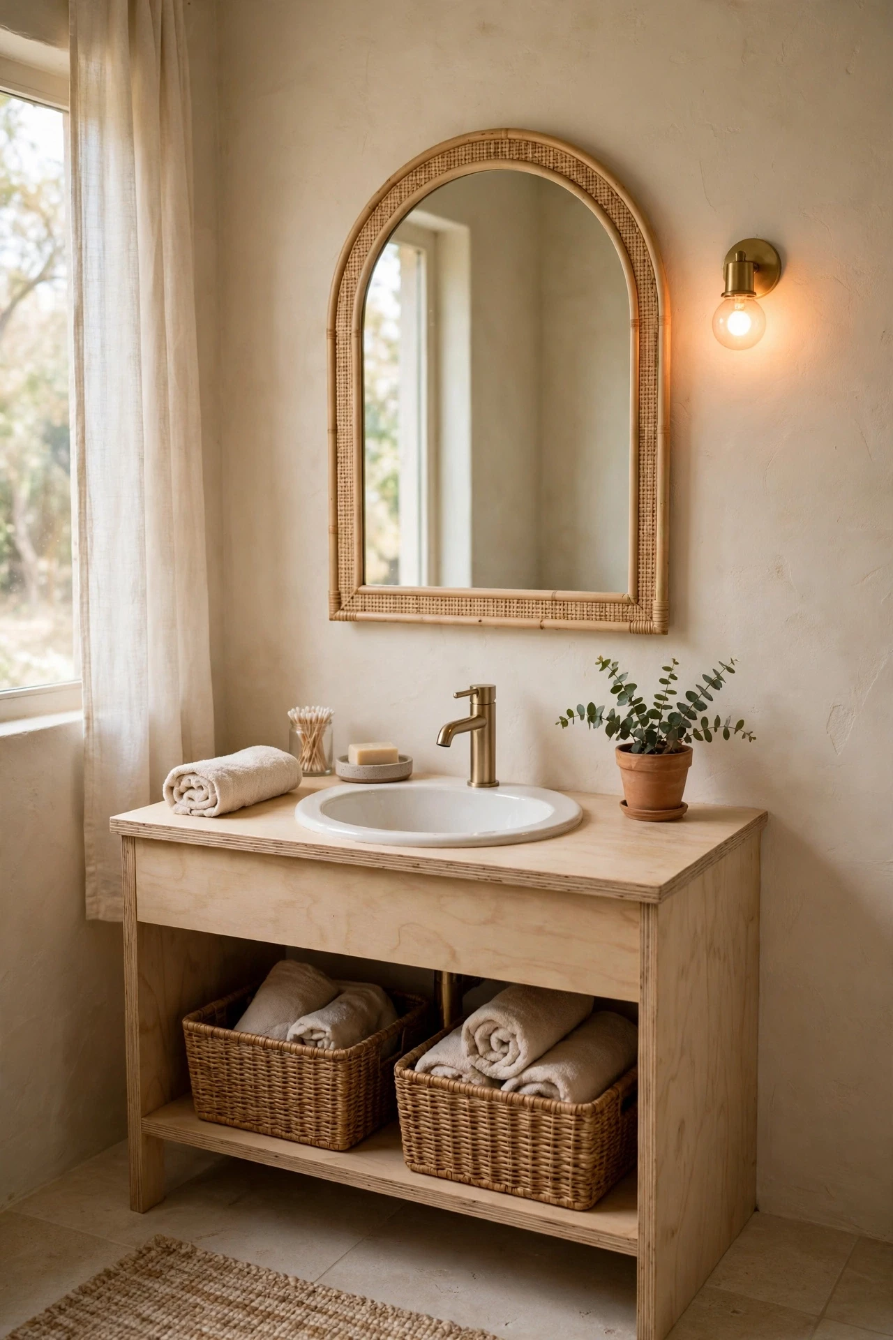 Soft arched mirror over a bathroom vanity with round basin