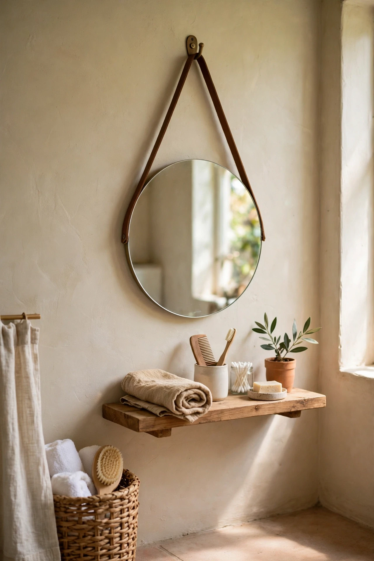Round bathroom mirror hanging from a brown leather strap on a hook