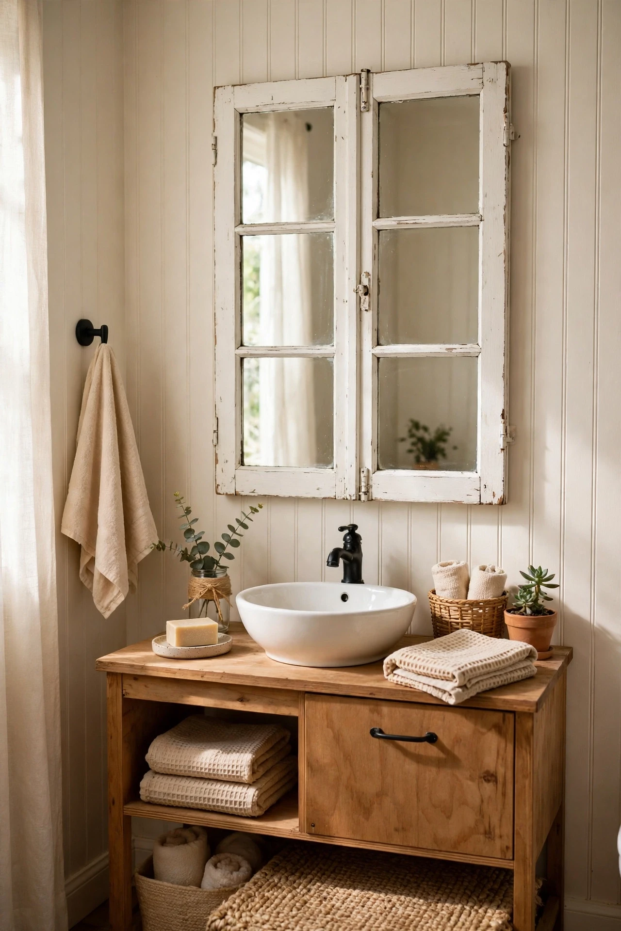 Vintage window frame turned into a mirrored wall feature in a bathroom