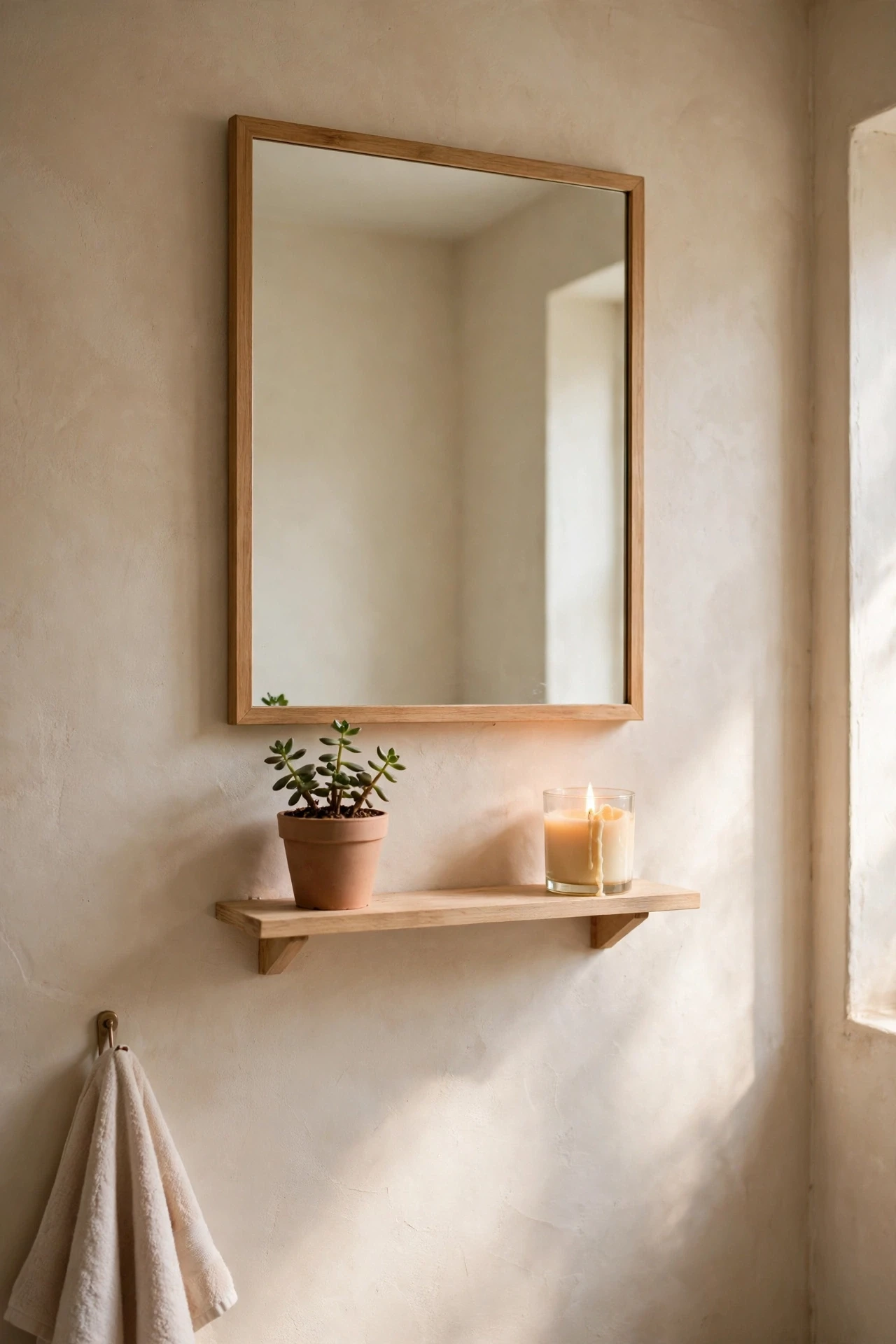 Slim wooden shelf under a bathroom mirror holding a plant and candle
