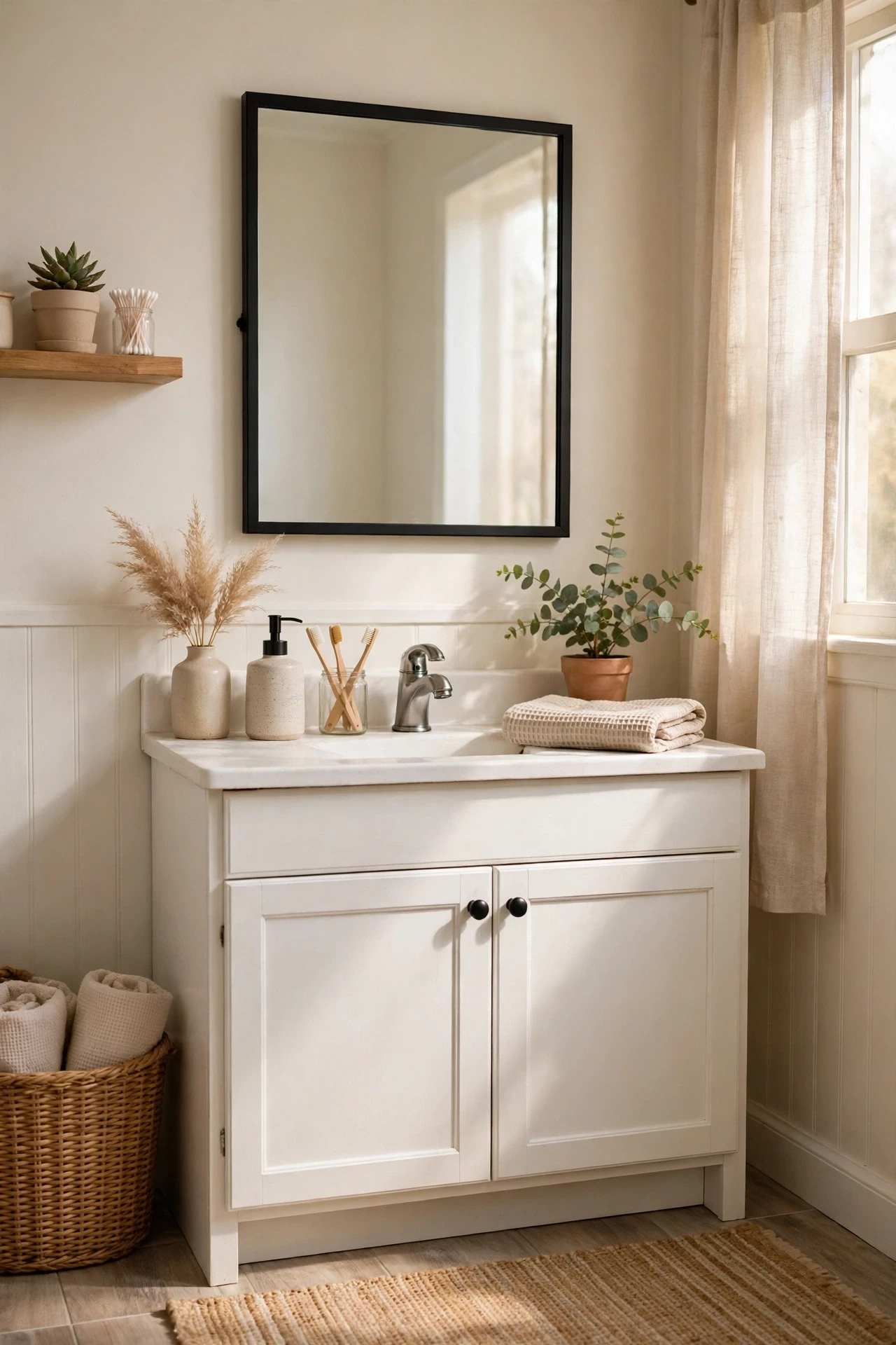 Bathroom mirror with a freshly painted matte black frame
