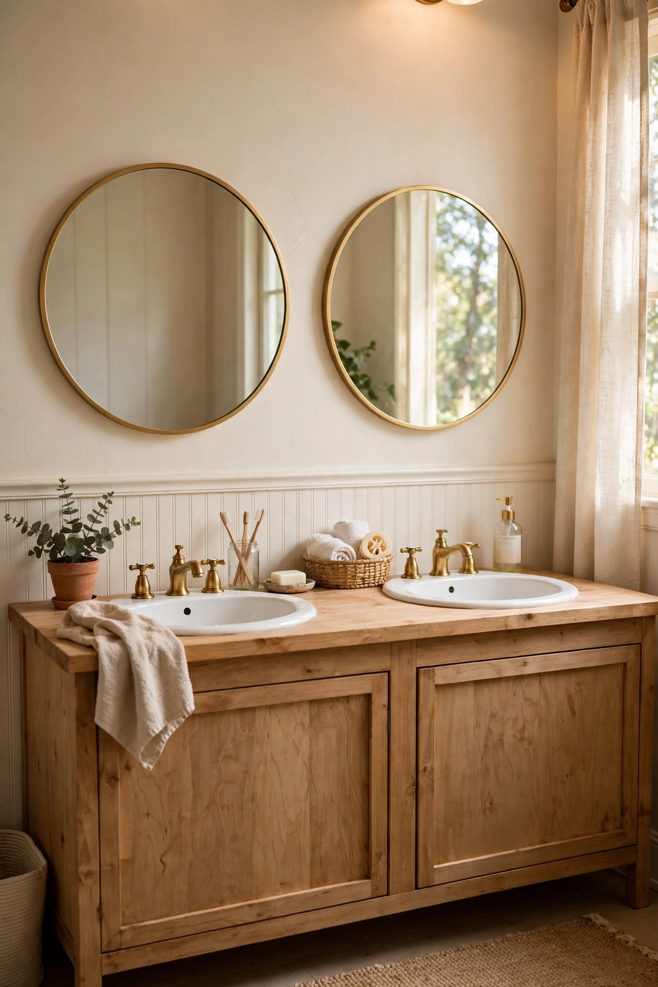 Twin matching round mirrors over a double bathroom sink