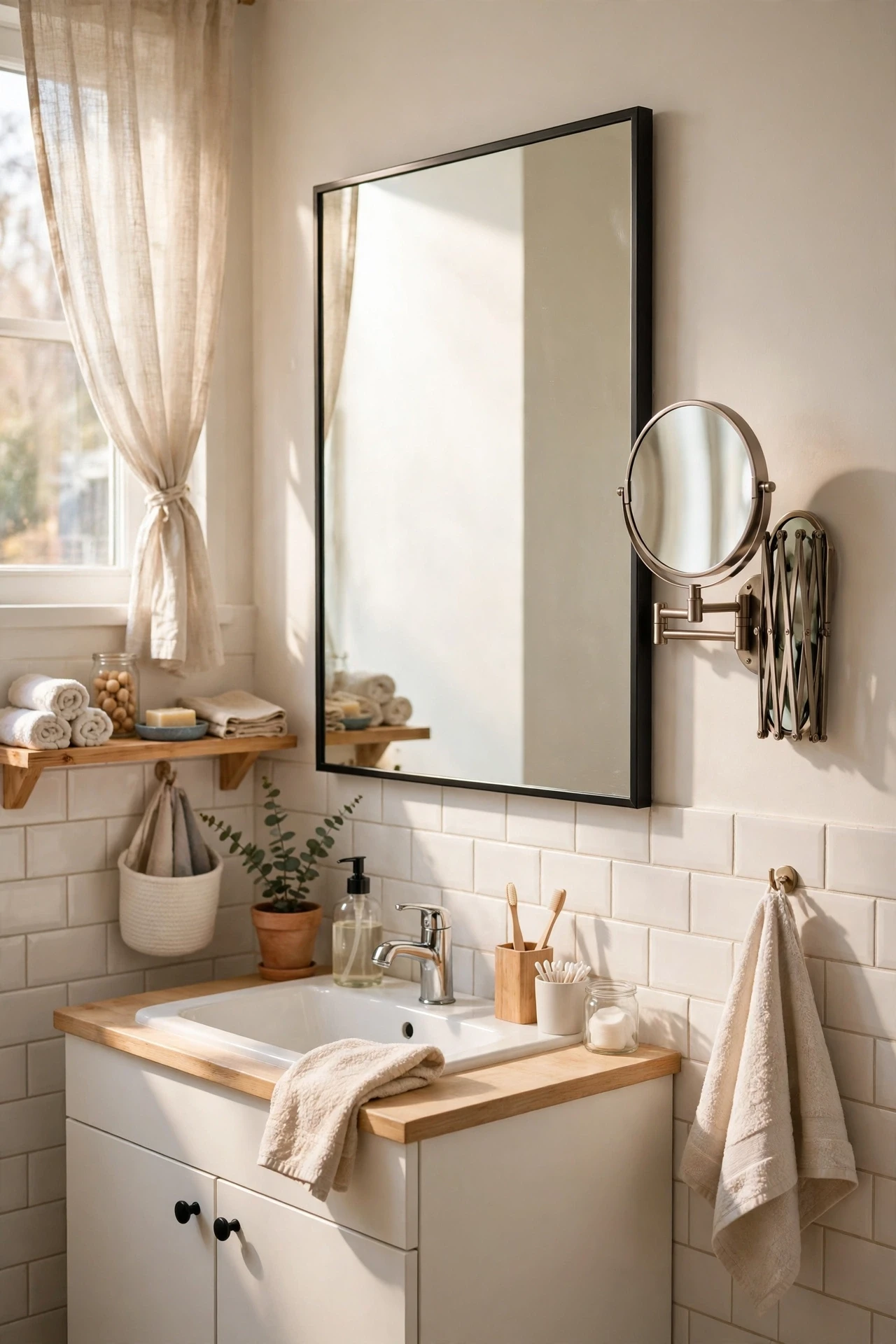 Swing-arm magnifying mirror beside a main bathroom mirror