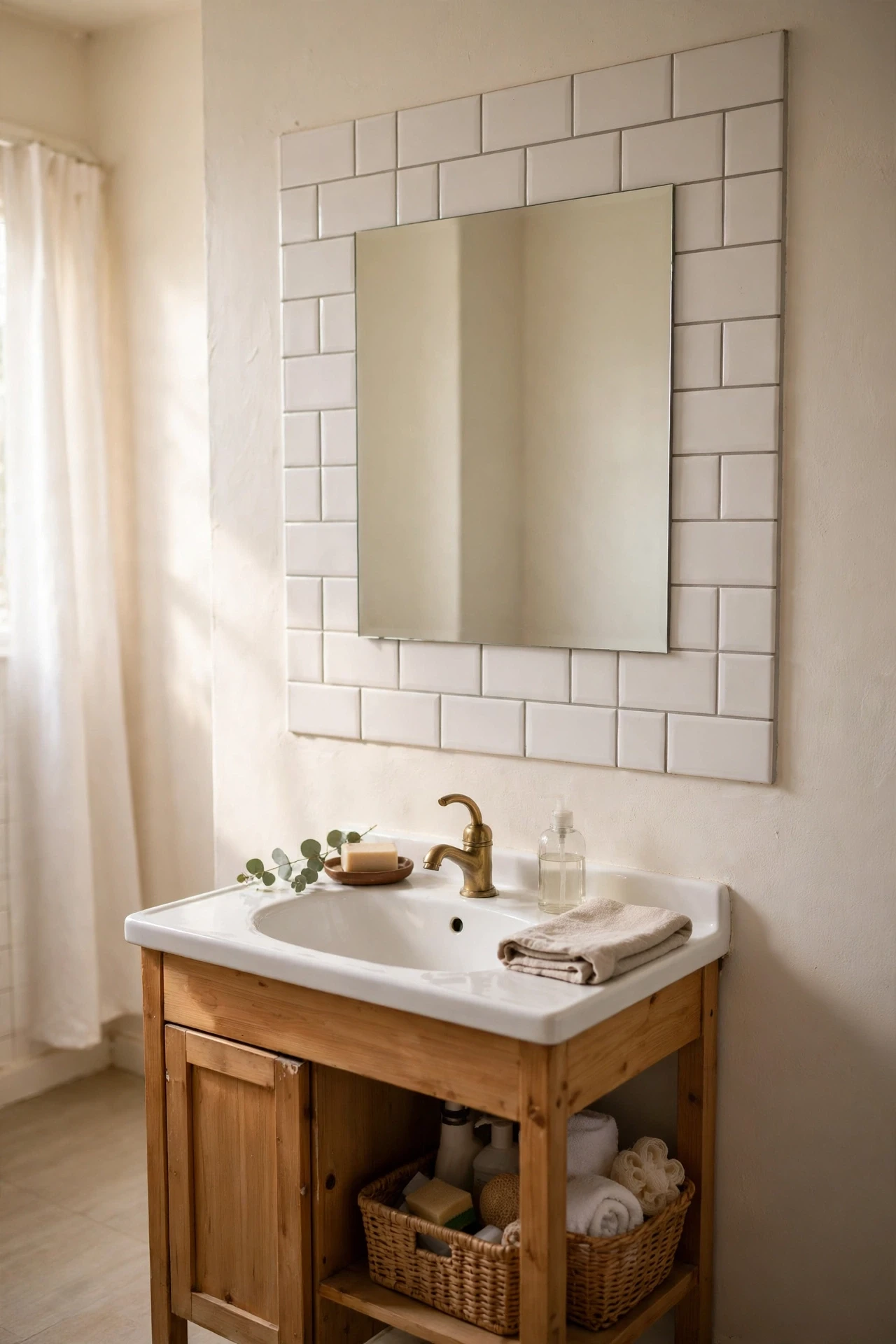 Bathroom mirror bordered with white subway tiles