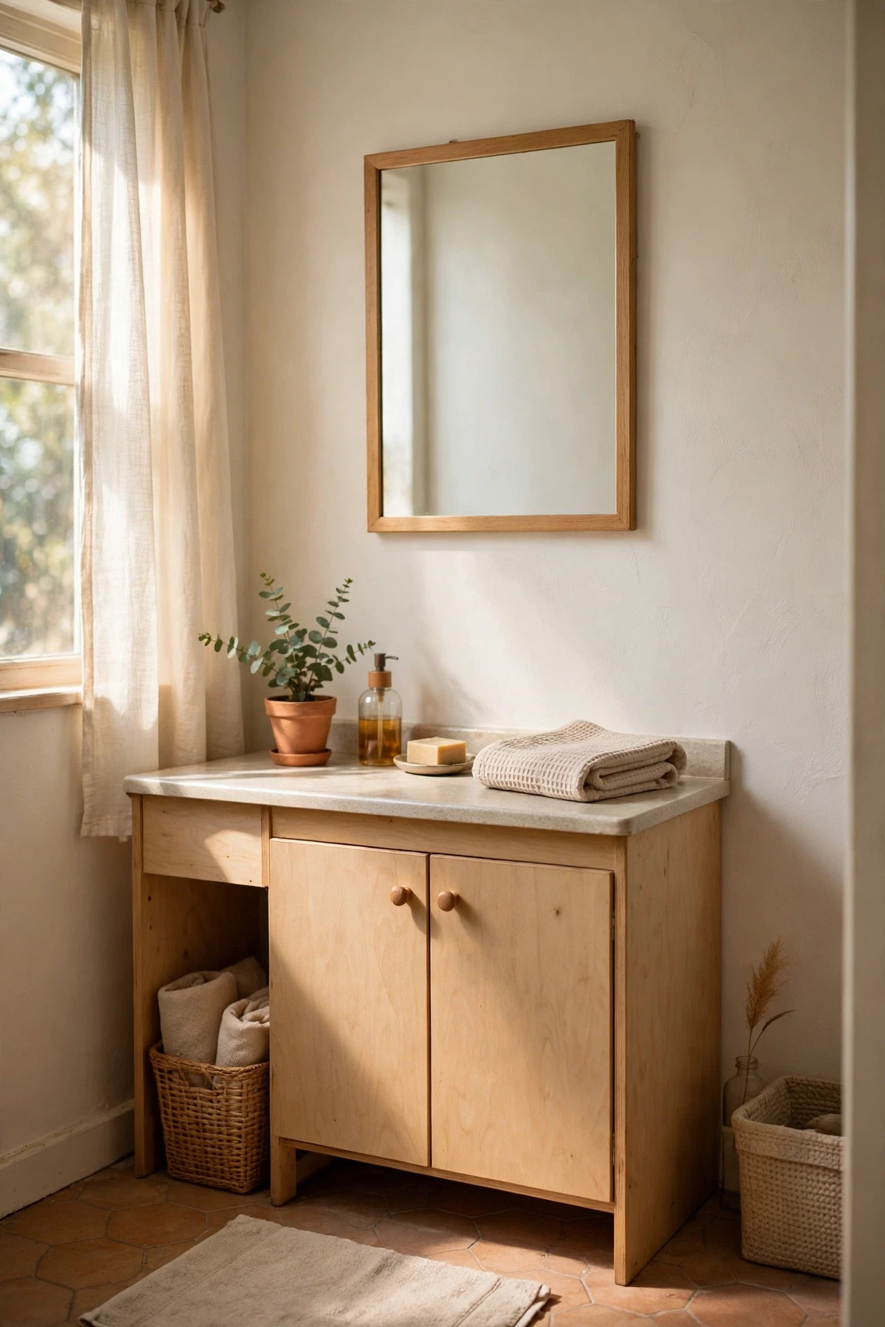 Bathroom mirror hung slightly higher on a tall pale wall