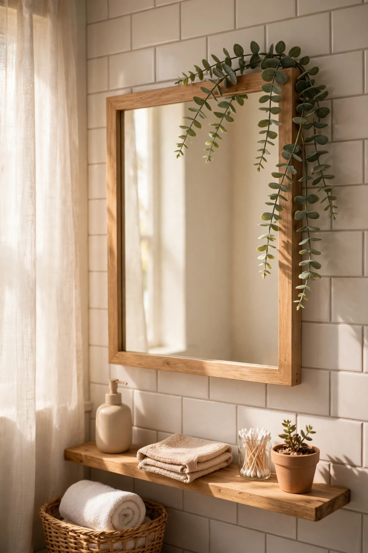 Faux eucalyptus sprig draped over one top corner of a bathroom mirror